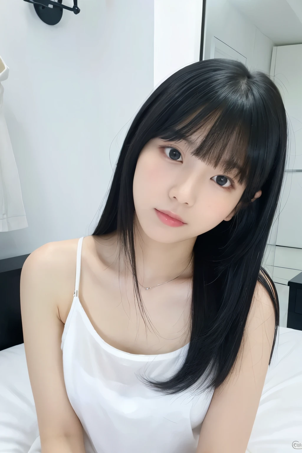White Room,Idol,masterpiece,highest quality,Black Hair,White Shirt、,High resolution,4K,,Straight Hair、18age、cute、Perfect Face,On the bed、Sleeping、cute、high resolution、whole body、Bangs