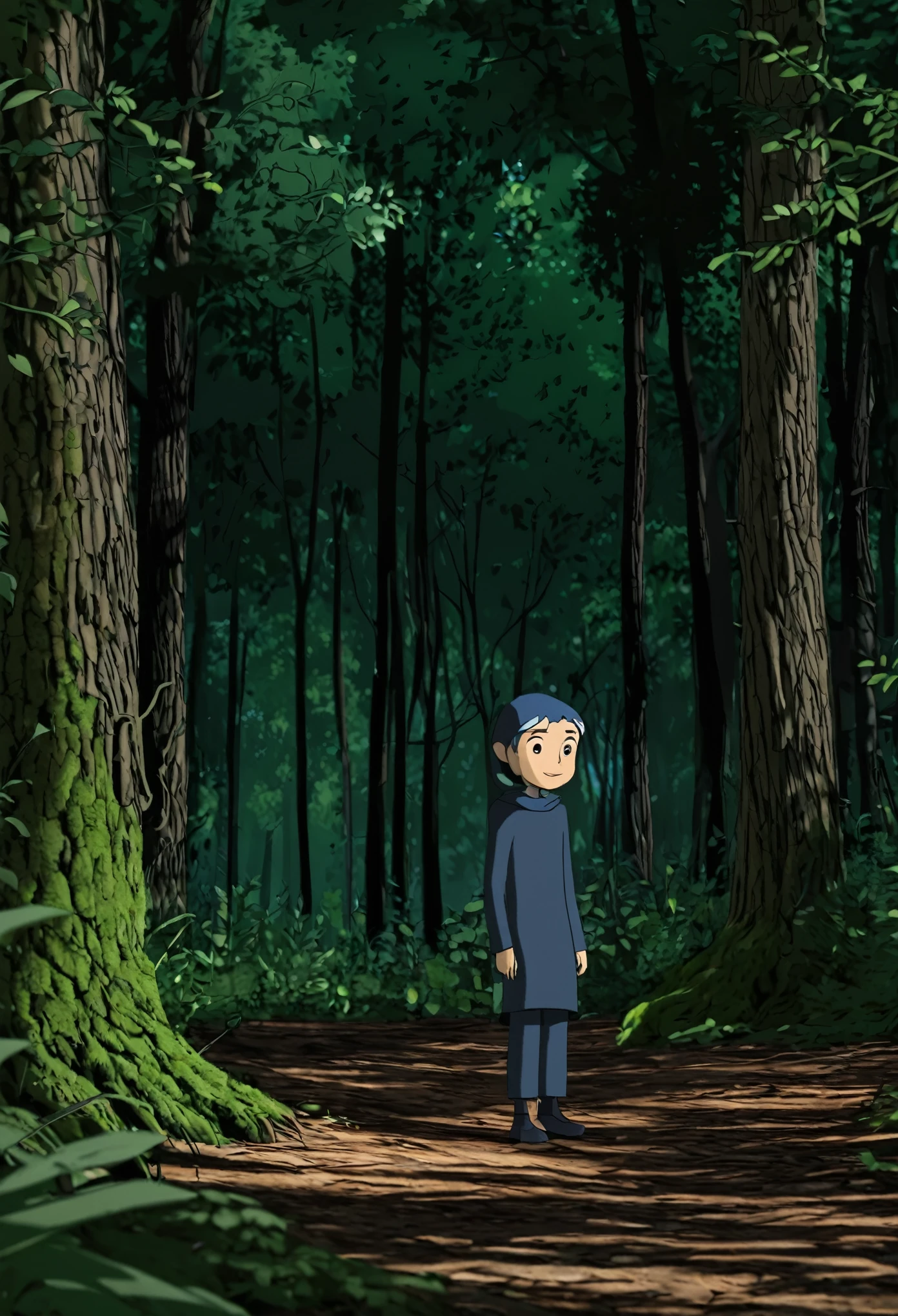Un personaje animado solo en el bosque