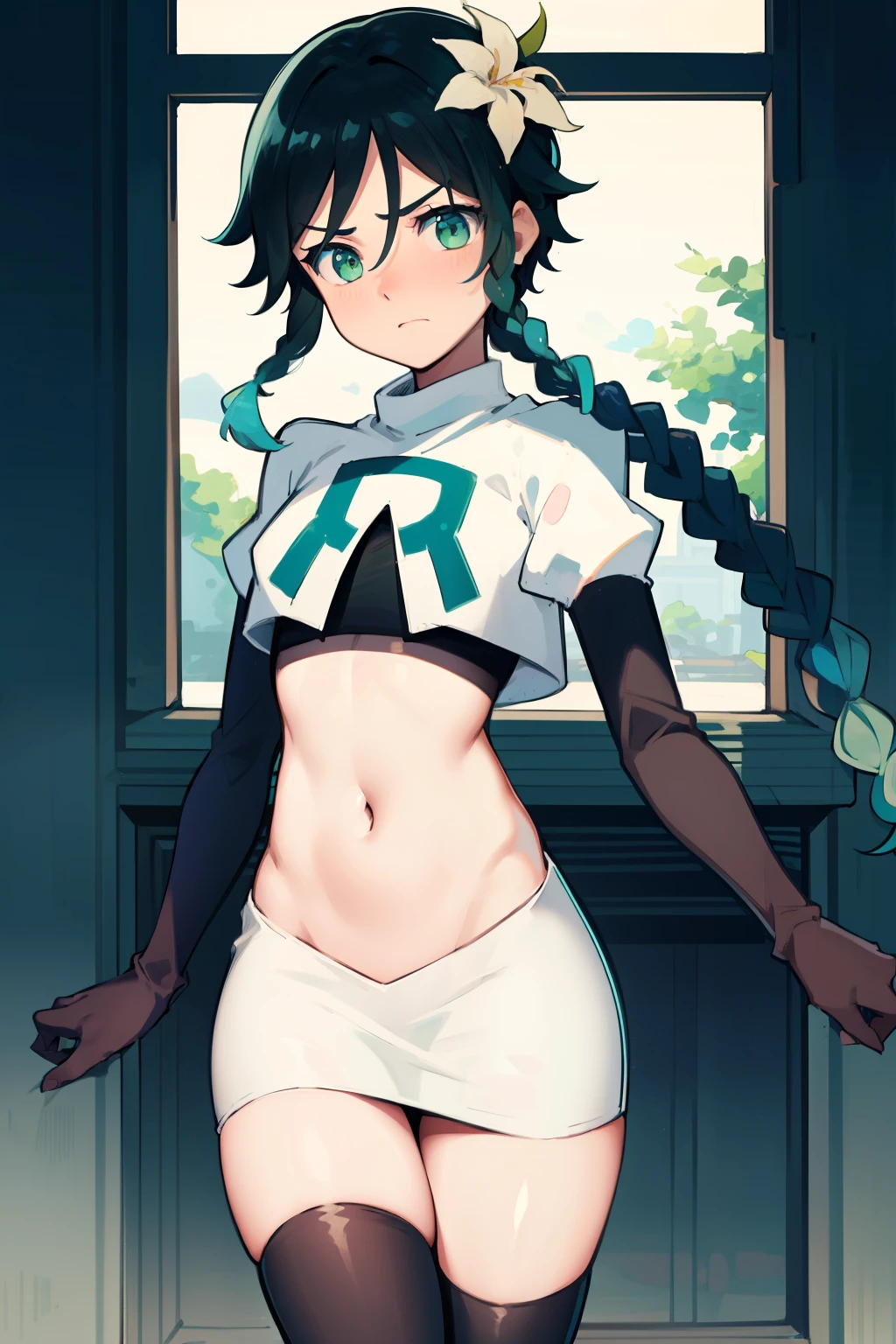 absurdres,venti,1boy, male focus, trap,black hair, green-blue hair, hair braid,hair flower,aqua green eyes,crossdressing,1boy,team rocket,team rocket uniform,white skirt,red letter R,crop top,black thigh-highs,black elbow gloves, cowboy shot,embarrassed, blush