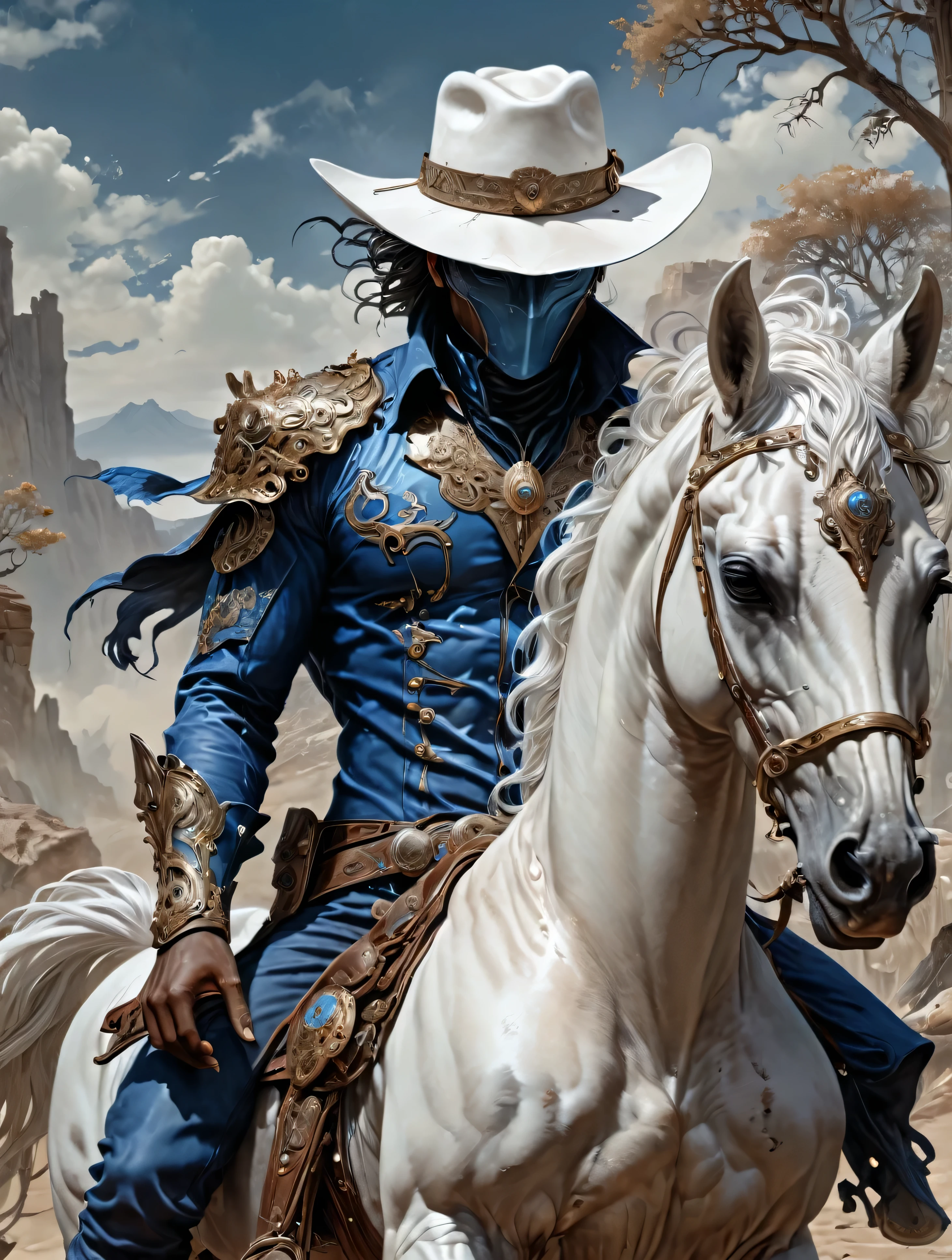 a Cowboy stuck in the Wild West, with black hero mask, blue shirt, blue pants, white cowboy hat, White horse, masterpiece,kbak style,epic,8k,cinematic,trending on artstation and deviantart,ultra detailed