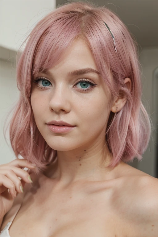 a girl witk pink hair, green eyes, with a speckle in left cheek