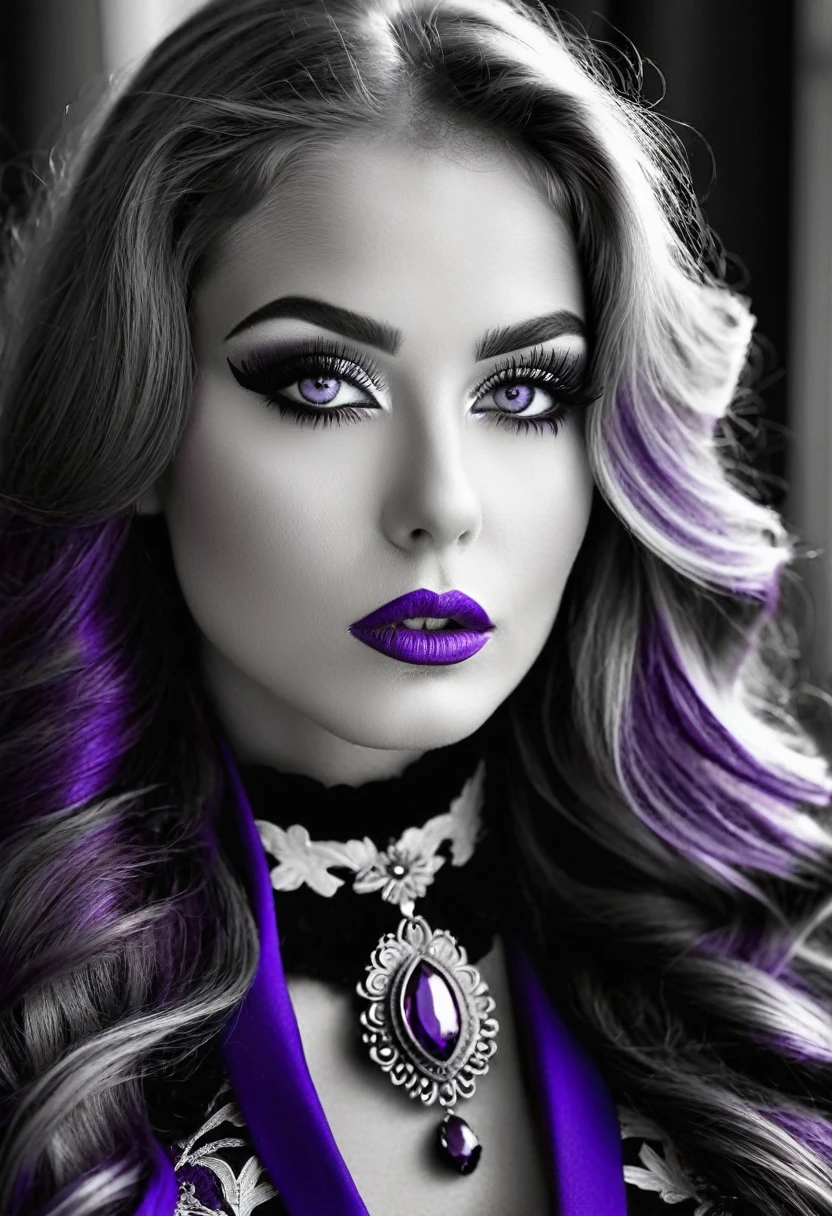 Sublime femme ukrainienne très sexy, Detailed lips, detailed eyes, detailed eyelash, detailed face, sublime and detailed body, long cheveux violet, visage de séduction, ((violet make-up)), photo du milieu du corps, ((porter un costume)),(( Une cravate violette, photo noir et blanc et violet, only black and white and purple photo)), (((photo noir et blanc et violet : 2.0, only black and white and purple photo :2.0, purple only on iris and make-up and hair, b/w, b&w))) 