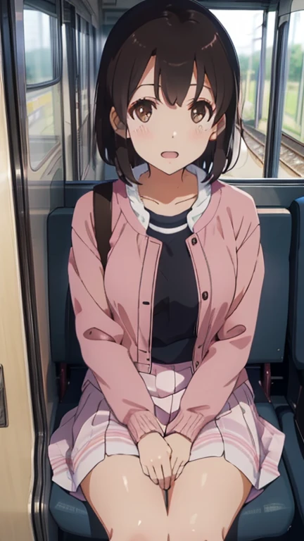 Nishizumi maho,
Pink jacket,Pink Skirt,Black shoulder bag,
Semi-short hair,Brown Hair,Brown Eyes,Slanted Eyes,
Fun expression,Open your mouth,
from the front,Leaning forward,Looking up,
Inside the train,Sit in your seat,
Beautiful image quality,
