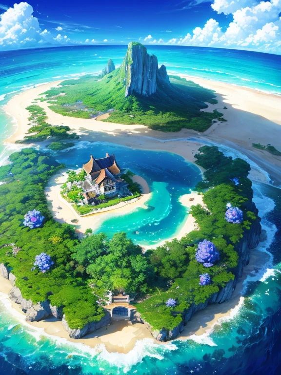 8k、HD、isolated island、Donut-shaped island、Transparent sea、There are lots of flowers on the island、Lush、Clouds in the blue sky、Aerial view、beautiful、Fantasy。Highly detailed digital painting