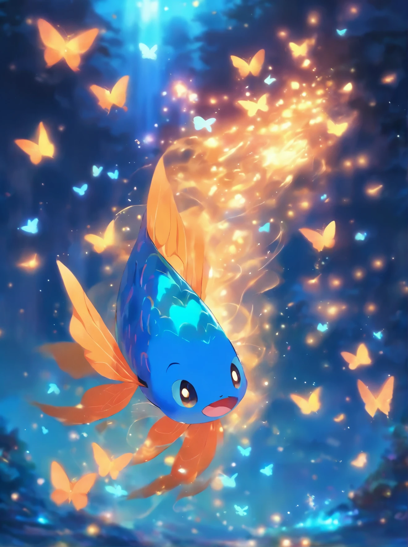 a painting of a fish with butterflies floating in the water, glowing blue butterflies, glowing butterflies, glowing spores flying, blue fireflies, adorable glowing creature, aesthetic cute with flutter, glowing sprites, fireflies and sparkling wisps, ✨🕌🌙, star butterfly, fireflies!!, it is glowing, tiny glowbugs everywhere, fireflies!!!!