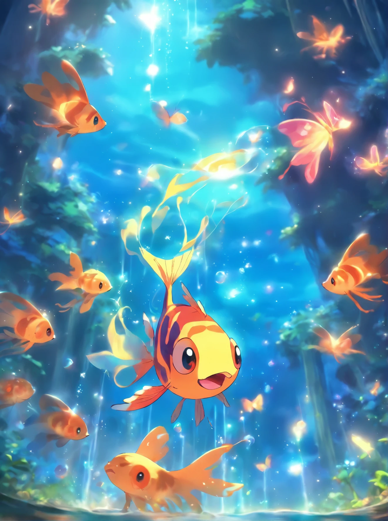 a painting of a fish with butterflies floating in the water, concept art by Puru, pixiv, conceptual art, glowing blue butterflies, glowing butterflies, glowing spores flying, blue fireflies, adorable glowing creature, aesthetic cute with flutter, glowing sprites, fireflies and sparkling wisps, ✨🕌🌙, star butterfly, fireflies!!