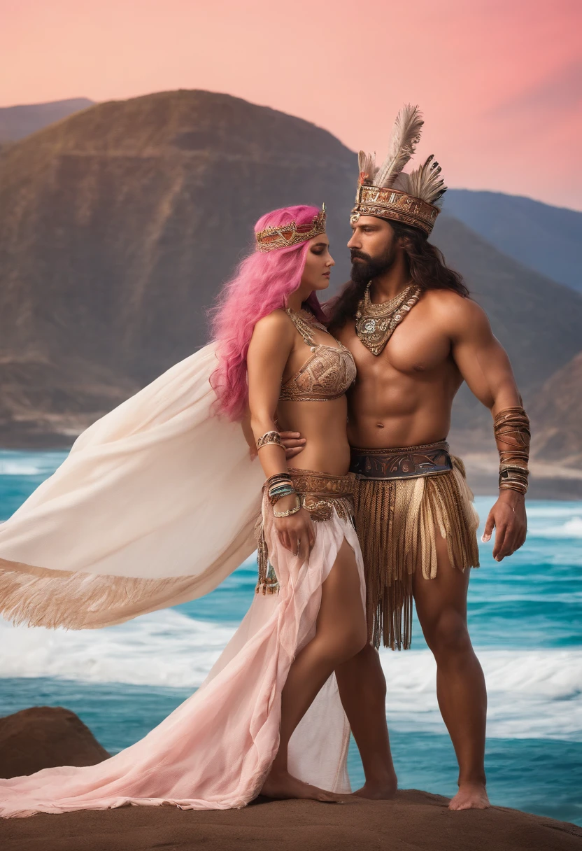 high detailed, best picture, 8k, an aztec king carrying a white woman in his arms on the mountain of a beach. the aztec king is strong, muscular, 6 pack, biceps, mexican, tribal garments and is wearing a crown with peacock feathers with a full beard. The woman is white, 20 year old, pink hair, wearing a tribal bikini.