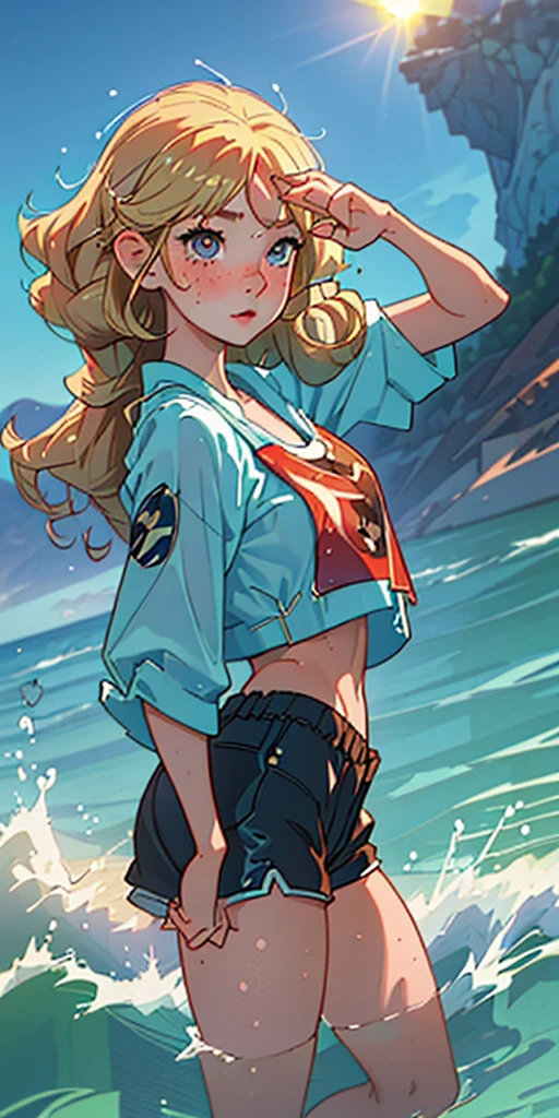 (best quality, masterpiece), 1 Girl, Paw pose, 微lol, lol, ocean, Crop Top, shorts, Blonde, freckle, blush, looking at the audience, curls, cloud, splash, wave, sun, Mountain, wet