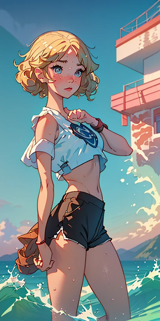 (best quality, masterpiece), 1 Girl, Paw pose, 微lol, lol, ocean, Crop Top, shorts, Blonde, freckle, blush, looking at the audience, curls, cloud, splash, wave, sun, Mountain, wet
