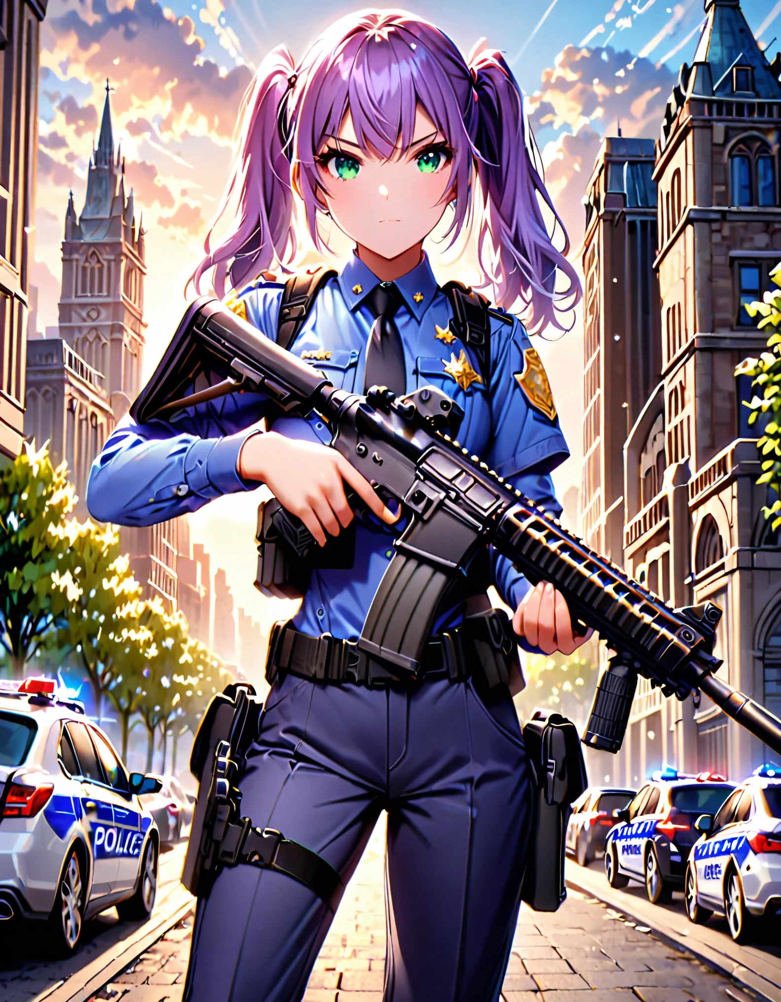 masterpiece, best quality, highres, 1girl, solo, police officer, matching pants, slacks, city backdrop, perfect hands, (holding assault rifle, m4a1 carbine, detailed rifle, trigger discipline), standing, medium hair, (purple hair, twintails), (green eyes)