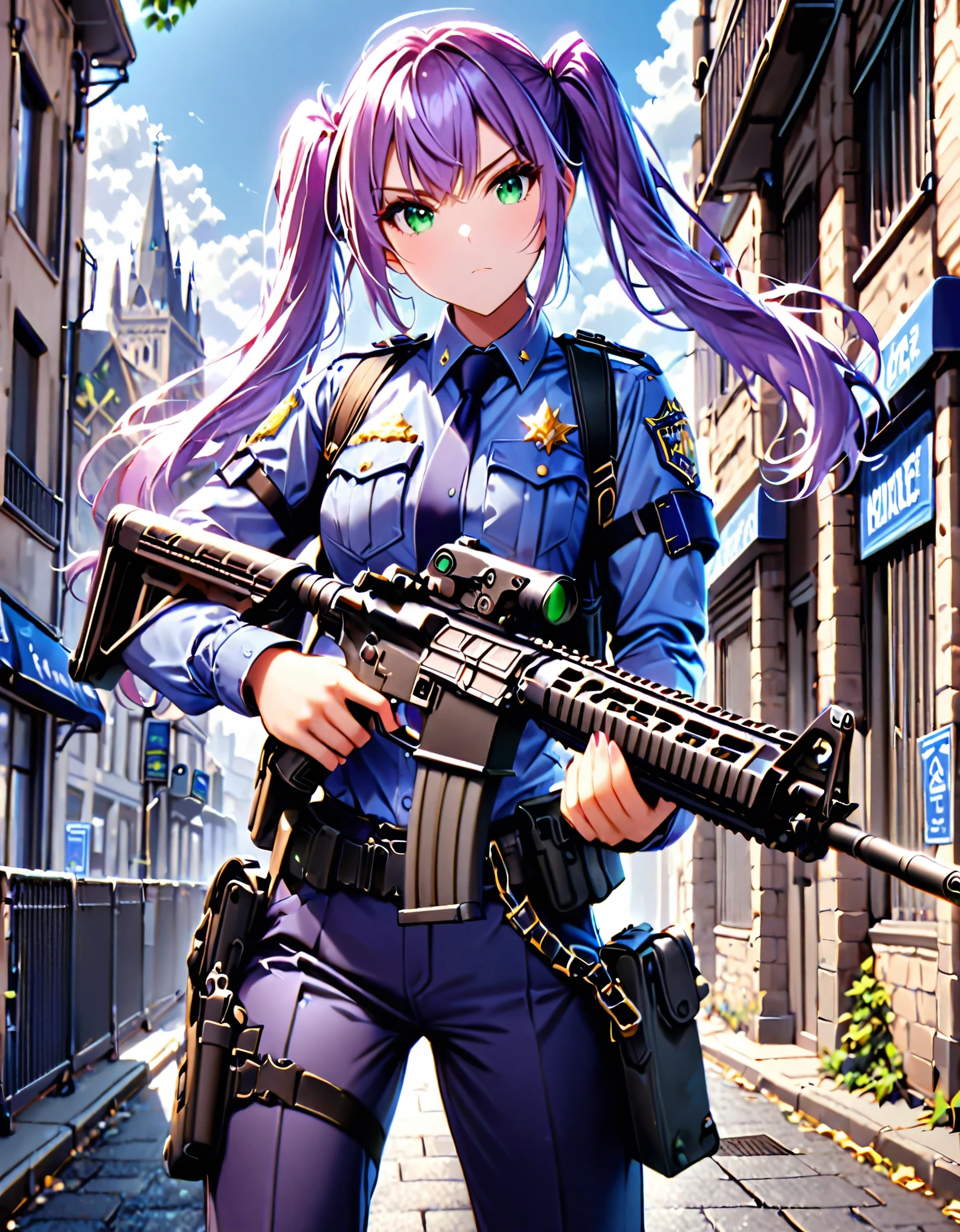 masterpiece, best quality, highres, 1girl, solo, police officer, matching pants, slacks, city backdrop, perfect hands, (holding assault rifle, m4a1 carbine, detailed rifle, trigger discipline), standing, medium hair, (purple hair, twintails), (green eyes)