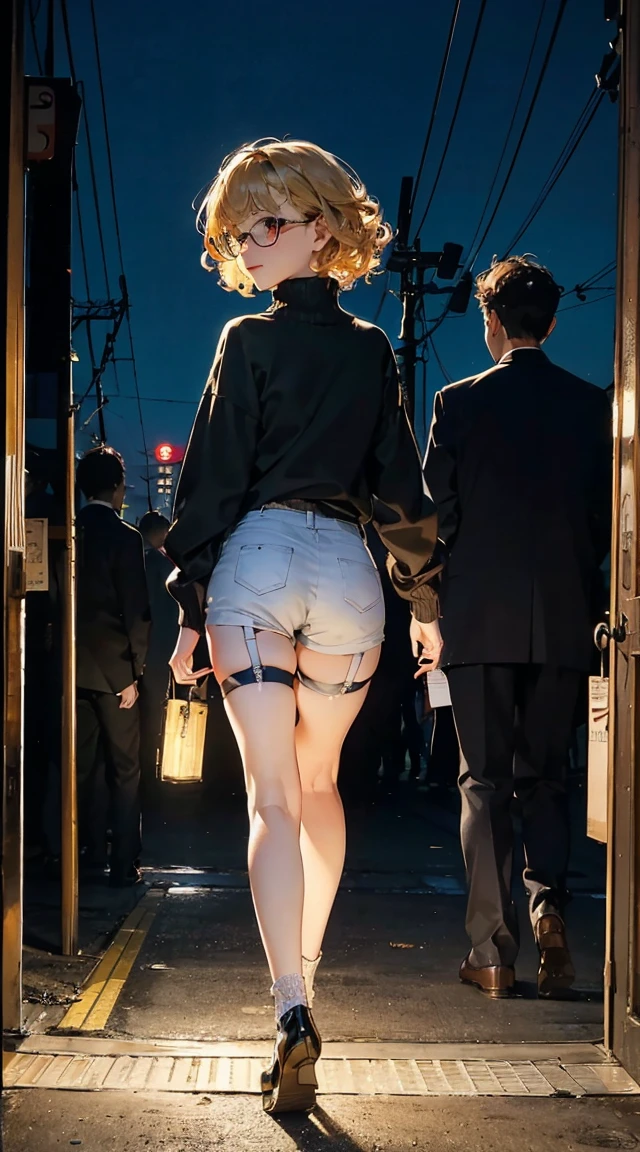wear glasses、full body figure、wear a brown turtleneck sweater(highest quality))、((masterpiece)、real skin glow、((((11 year old girl))))、Tokyo night seen from underground、Close-up view of loser with short blonde curly hair)、(Wear a white garter belt and opaque boys shorts'shorts)、wear red fishnet tights。Number of dynamic and sexy poses with enlarged breasts々々、sunset、slight smile、((1 Shiny skin.7))