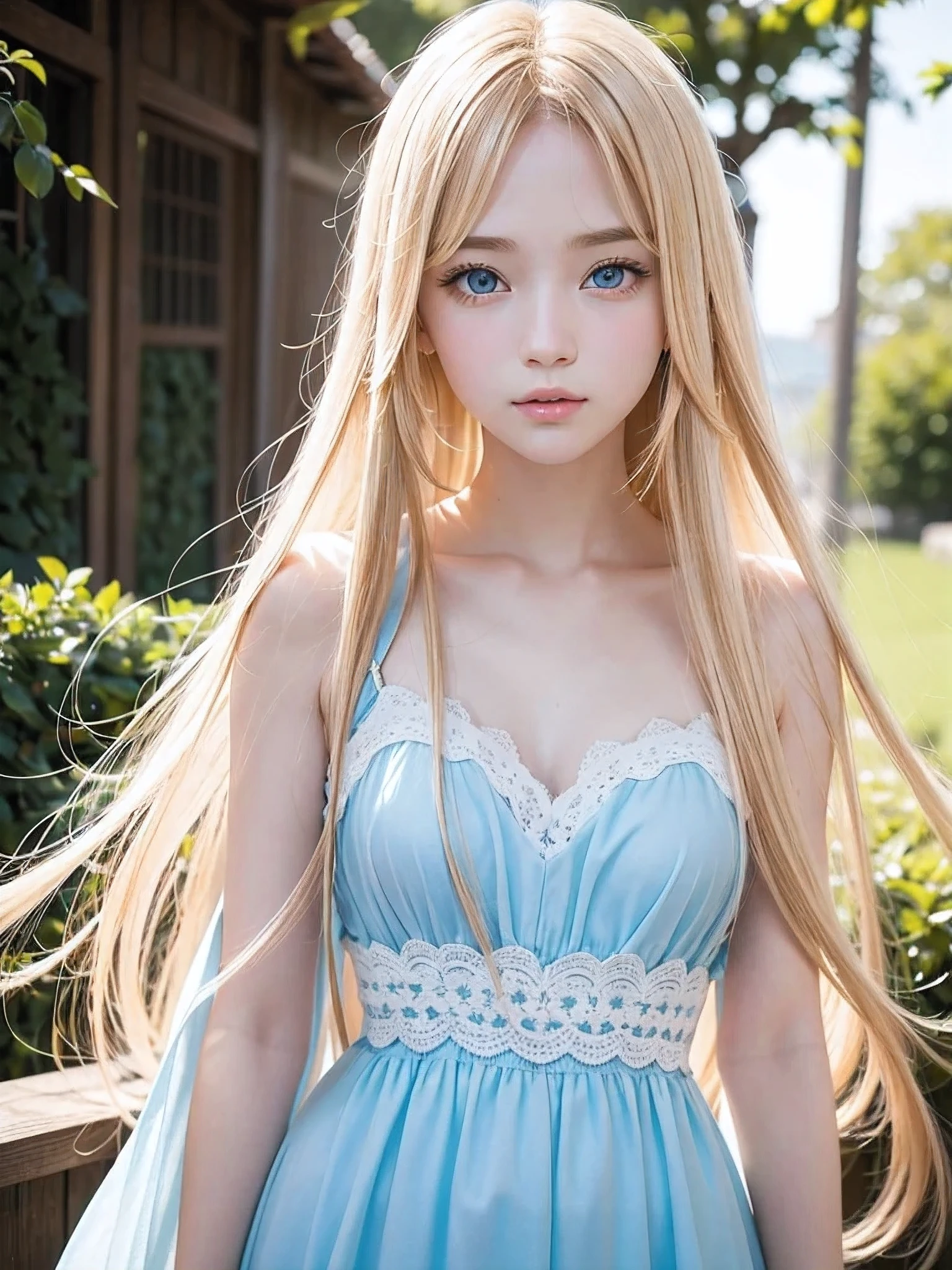 She has the most beautiful, golden, blonde, super long, straight hair in the world.、Analog style portrait of a very cute and very beautiful young woman、The bangs between the eyes hang down to the bottom of the nose、beautiful big pale blue eyes、Glowing White Skin、Portraiture、Staring straight ahead、15-year-old girl、Body facing forward、