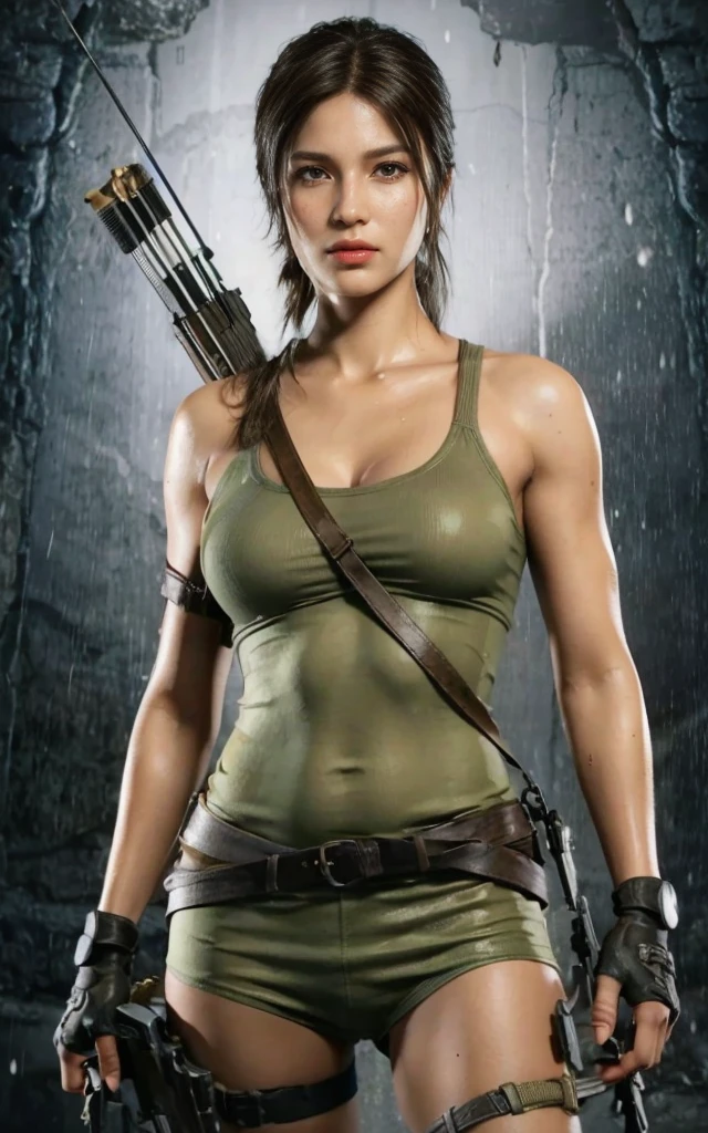 Lara Croft, brown eyes, (best quality, ultra-detailed), (realistic:1.37), beautiful and detailed face, ultra-realistic texture, delicate face, delicate body, red lipstick, bright colors. High definition, 8K