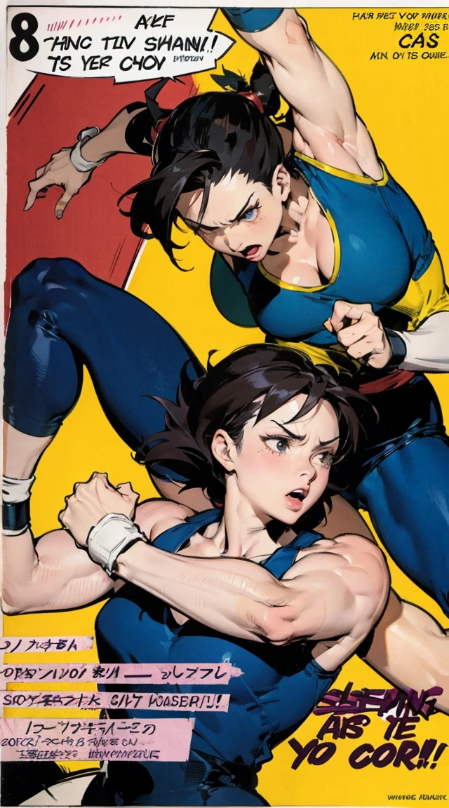 Cartoon of a woman wrestling with another woman in a wrestling ring, coloured manga scan, color comics, Chun-Li at the gym, full color manga visual style, cartoon artwork, color comicss style, Anime Battle, color comics, color manga panel, fight pose, in pokemon comic, fighting pose, Comic Art Style, some red and purple and yellow, Saiyan Girl