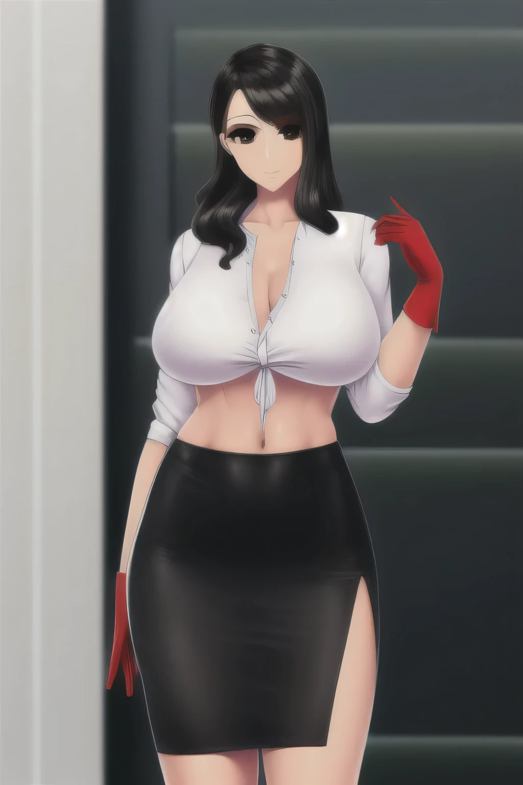 An attractive sexy woman with big breasts, long wavy black hair, her brown eye, dresses in a button-down blouse tied with a navel and a long black skirt, black heels, and a red glove.