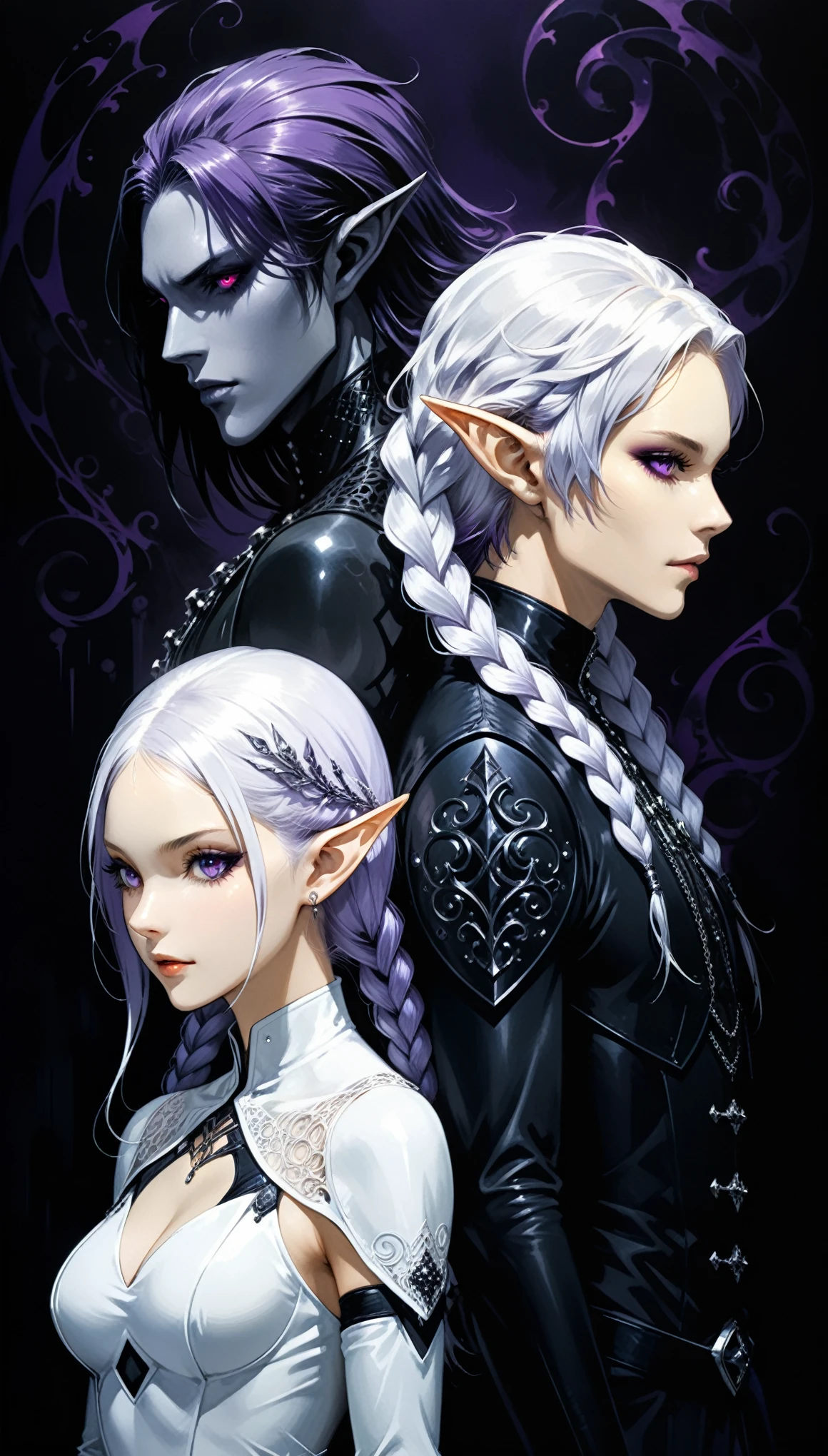 (in style of Ashley Wood:1.3),(in style of Takeshi Obata:0.9),in style of Jeffrey Catherine Jones,
(masterpiece, best quality, official art, beauty, Gothic, Tokyo Ghoul style:1.2),Very detailed,fractal art,Gorgeous,Zentangle,(Back-to-back),yinji,purple hair,purple eyes,long hair,white hair,double braids,gradient purple hair,(1boy and 1girl:1.4),height_difference,(1 dark elf boy,1 white elf girl:2.1),(poseing:1.4),darkred,detail eyes,skins with a real texture,(dynamic action:1.5),gorgeous costumes,(hypermaximalist, elegant, ornate, hyper realistic, super detailed:1.1),Exaggerated perspective,Complex background,Floating hair,light,