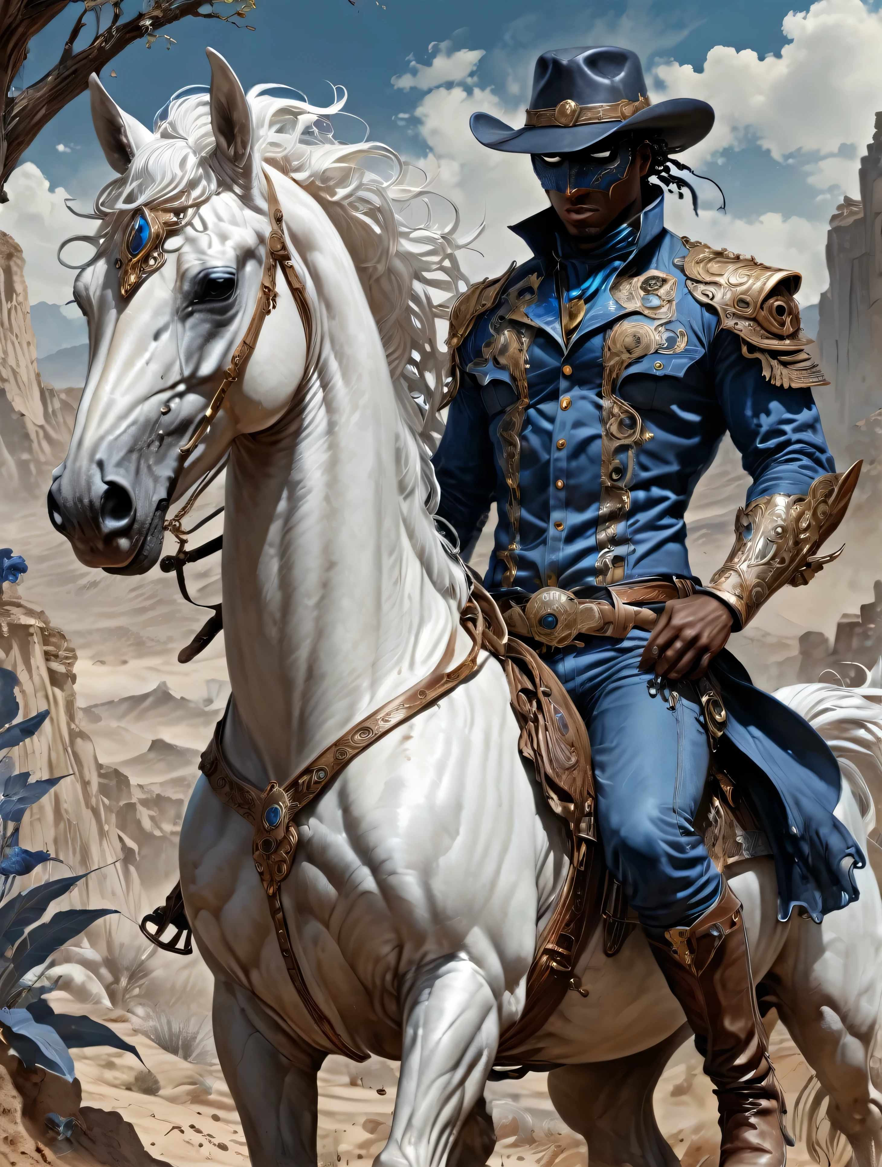 a Cowboy stuck in the Wild West, with black hero mask, blue shirt, blue pants, white cowboy hat, White horse, masterpiece,kbak style,epic,8k,cinematic,trending on artstation and deviantart,ultra detailed