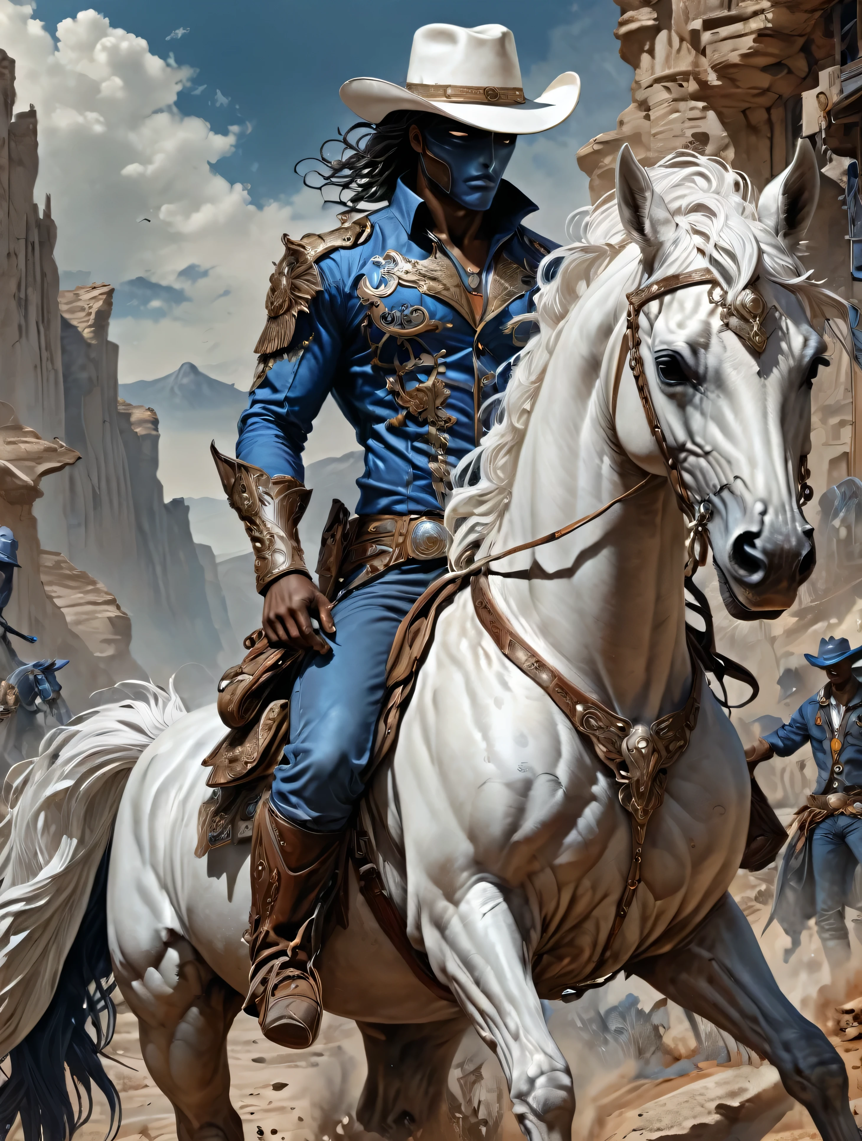a Cowboy stuck in the Wild West, with black hero mask, blue shirt, blue pants, white cowboy hat, White horse, masterpiece,kbak style,epic,8k,cinematic,trending on artstation and deviantart,ultra detailed
