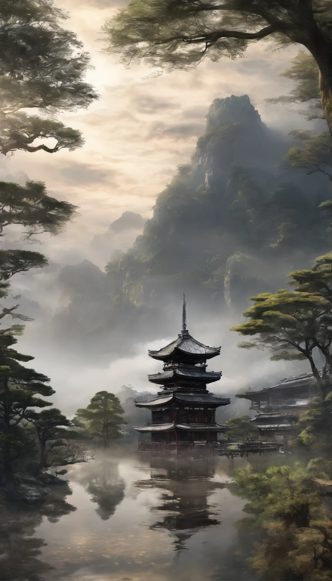 ((((Styhuke、最high quality、Photo-Realistic)))、(Sparkling landscapes)、(10K Wallpaper、High resolution)、Detailed Texture、Atmospheric lighting、Fog fog、水のreflection、Iconic elements、Quiet setting、(Japanese Shrines and their Surroundings)、(No humans)、(Highly detailed background:1.0)、(masterpiece)、high quality、(No Character)、Serene landscape、(Foggy water、reflection)、(Japanese architecture)、(Integration of natural elements)、(Depth of written boundary)、(moving lighting)、(high quality影)、(Mysterious atmosphere)、