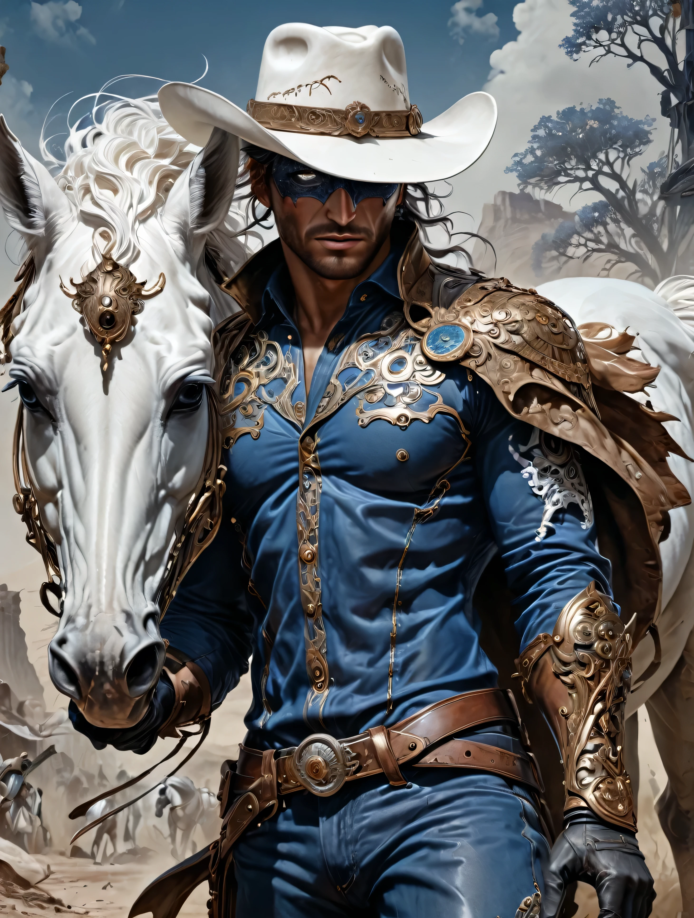 a caucasian Cowboy stuck in the Wild West, with hero mask over eyes, blue shirt, blue pants, white cowboy hat, black gloves, White horse, masterpiece, epic,8k,cinematic,trending on artstation and deviantart,ultra detailed