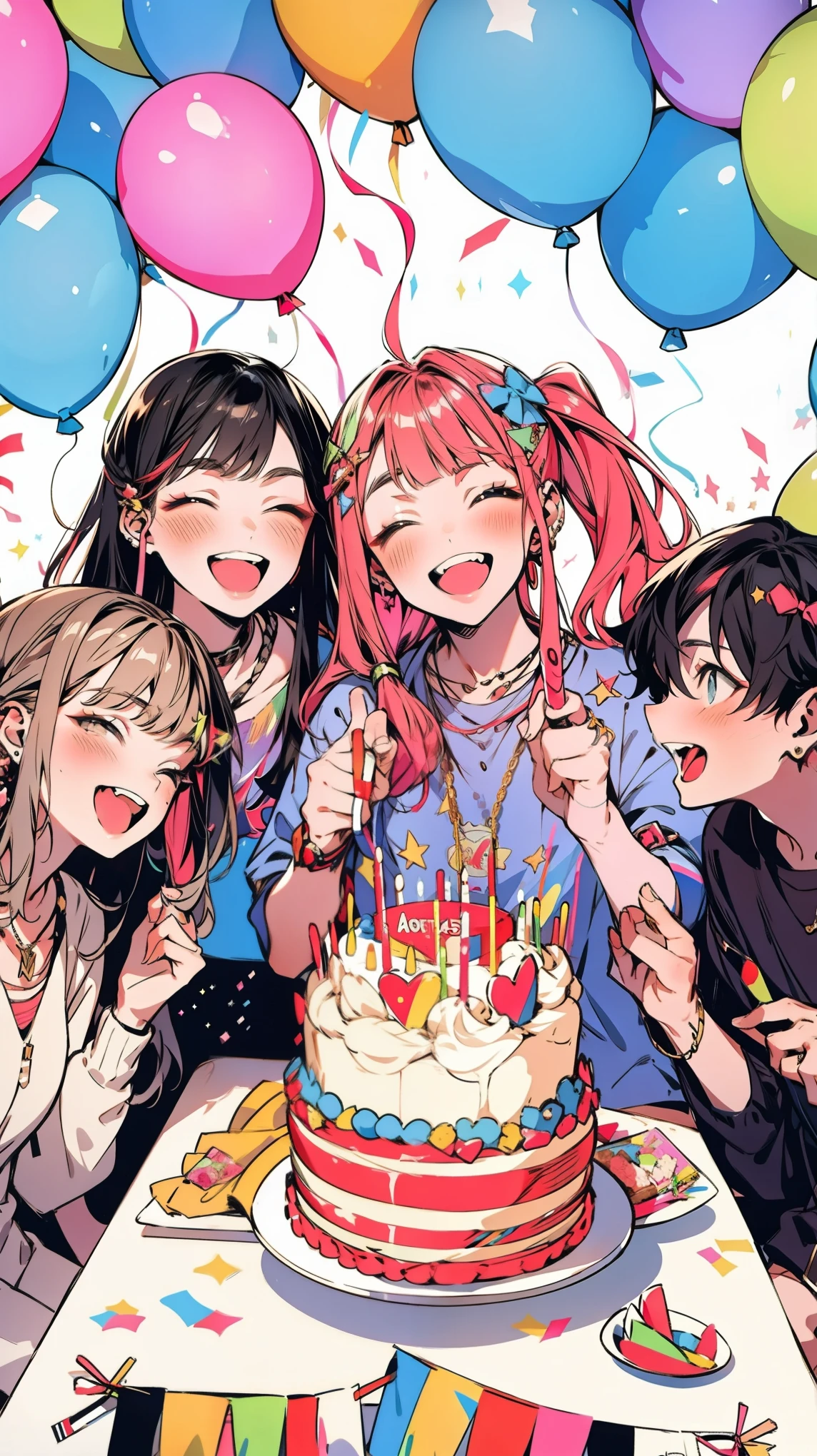 thin outlines, anime style, cool and edgy, A lively birthday party scene with adolescents gathered around a table, brightly decorated with balloons and streamers, as they blow out candles on a cake, smiles and laughter everywhere. Cheerful, bright colors, detailed, festive atmosphere, fashionable, posing, colorful, confident, expression, accessory, coiled, around, stylish, striking, modern, fashion