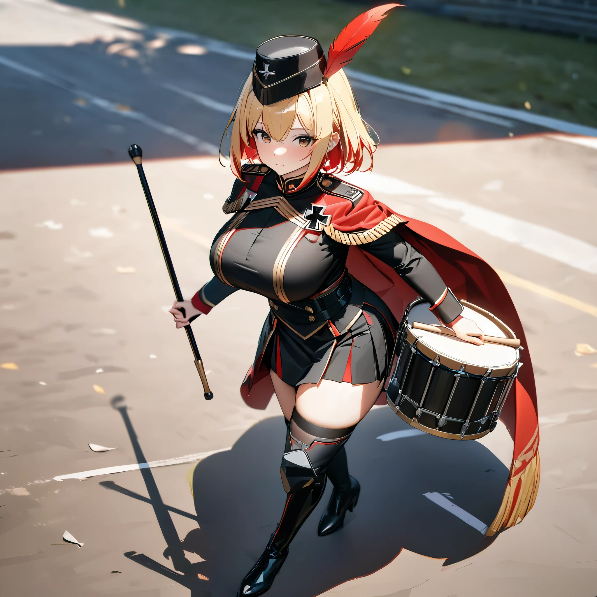 A woman wearing a black martial band uniform with red details, iron cross symbol on the uniform, short black skirt, black metal boots, black martial band hat with a large red feather, wearing a red cape, playing the martial drum band with a drumstick, big breasts, short blonde hair, red bangs, multicolored hair, brown eyes, walking on the traditional German track with martial band marching, full body.shadow, flower, UHD, masterpiece, accurate, anatomically correct, textured skin, super detail, high quality, best quality, 8k, high resolution, bokeh effect.(woman solo)
