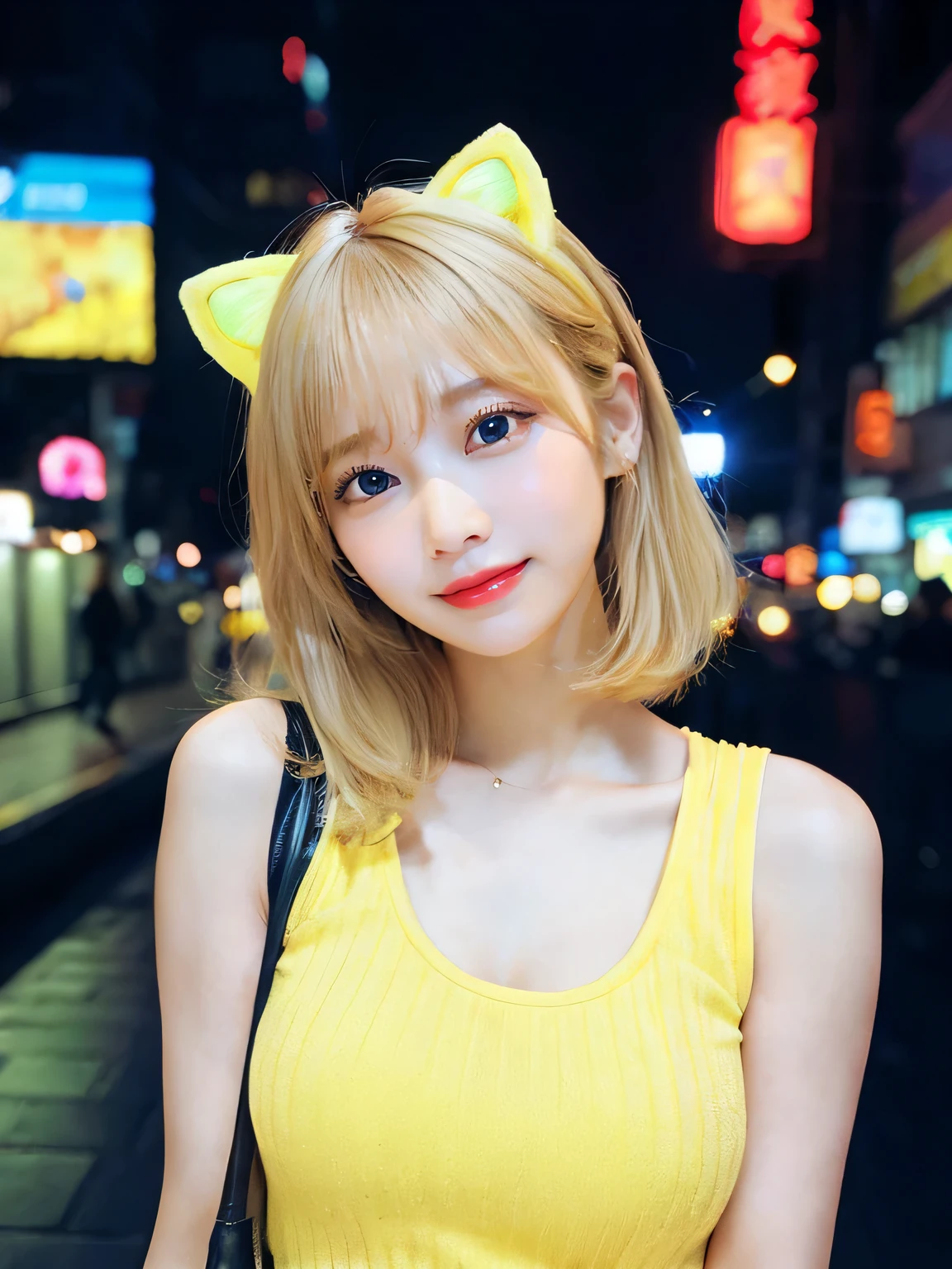 Full Body Photo、The whole body is captured、Professional photos in high quality, masterpiece, 32k、Very detailed、Realistic、1 girl, Japanese women、Cute Face, (photo Actual:1.3),Bob Hair(Golden hair color、Blonde Hairstyles)、Edge lighting, (Skin with attention to detail:1.2), 8k超High resolution, Single-lens reflex camera, high quality, High resolution, 4K, 8k, Optimal ratio of four fingers to one thumb, (Actual:1.3), cute 1 girl, Realistic、Super Realistic、32k、Very detailed、masterpiece, 最high quality, beautiful girl, beauty、Mecha, Beautiful lighting, (Neon Light:1.2), (night:1.5), Yellow-themed K-POP idol costumes、Yellow color outfit、Yellow sleeveless outfit(Yellow Fashion)、Shorts、Big Breasts(big 、There is a valley)Cat ear headphones、Are standing、Cyber Neon、Future City、Skyscraper、City night、Shanghai、big cities、night scene、綺麗なnight scene