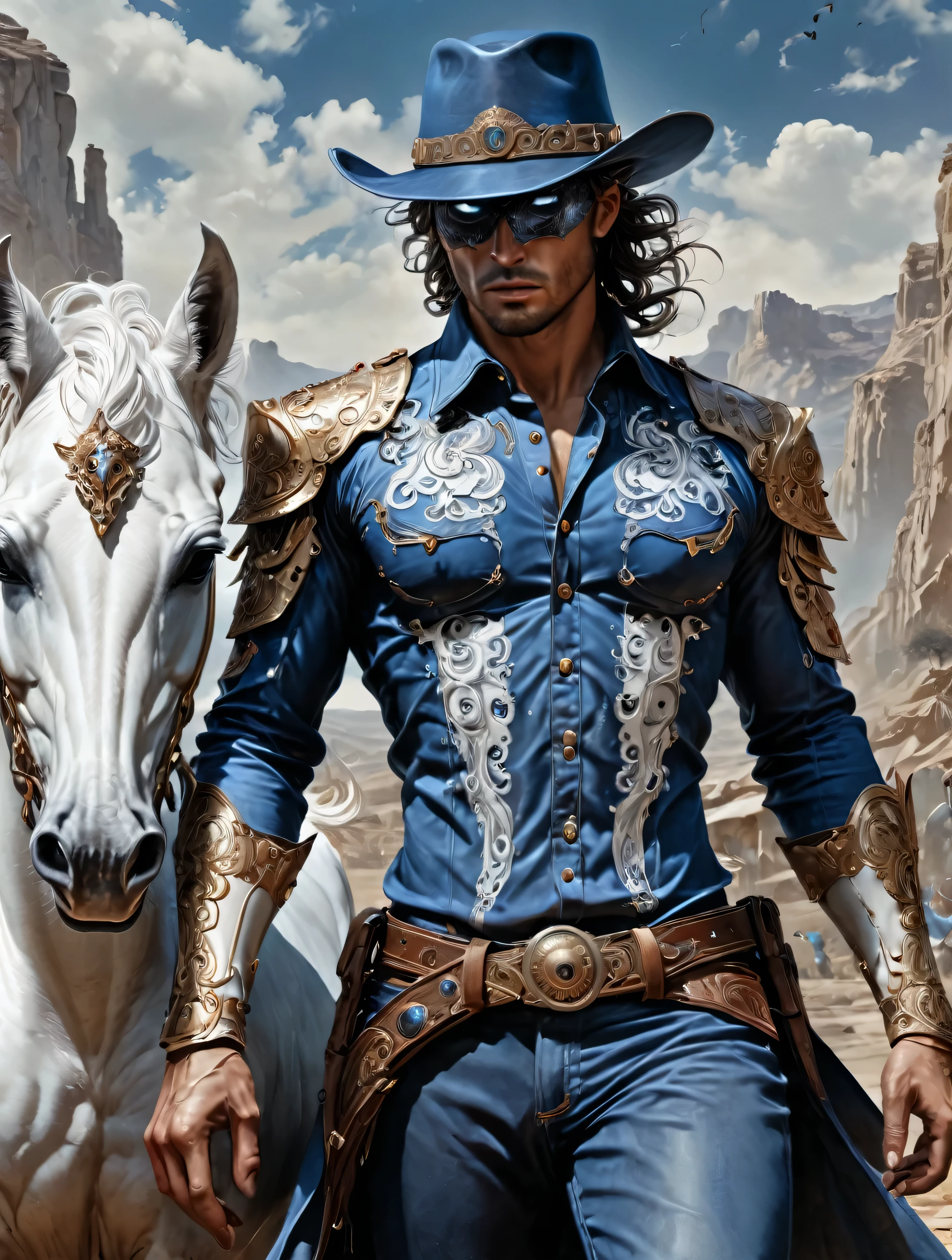 a caucasian Cowboy stuck in the Wild West, with hero mask over eyes, blue shirt, blue pants, white cowboy hat, black gloves, White horse, masterpiece, epic,8k,cinematic,trending on artstation and deviantart,ultra detailed