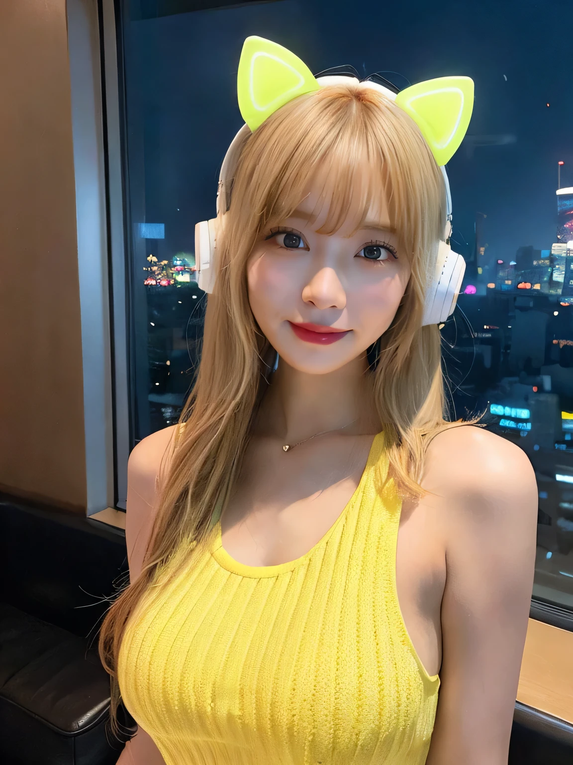 最high quality, masterpiece, 32k、Very detailed、Realistic、1 girl, Japanese women、Cute Face, (photo Actual:1.3),Bob Hair(Golden hair color、Blonde Hairstyles)、Edge lighting, (Skin with attention to detail:1.2), 8k超High resolution, Single-lens reflex camera, high quality, High resolution, 4K, 8k, Optimal ratio of four fingers to one thumb, (Actual:1.3), cute 1 girl, Realistic、Super Realistic、32k、Very detailed、masterpiece, 最high quality, beautiful girl, beauty、Mecha, Beautiful lighting, (Neon Light:1.2), (night:1.5), Yellow-themed K-POP idol costumes、Yellow color outfit、Yellow sleeveless outfit(Yellow Fashion)、Shorts、Big Breasts(big 、There is a valley)Cat ear headphones、Are standing、Cyber Neon、Future City、Skyscraper、City night、Shanghai、big cities、night scene、綺麗なnight scene