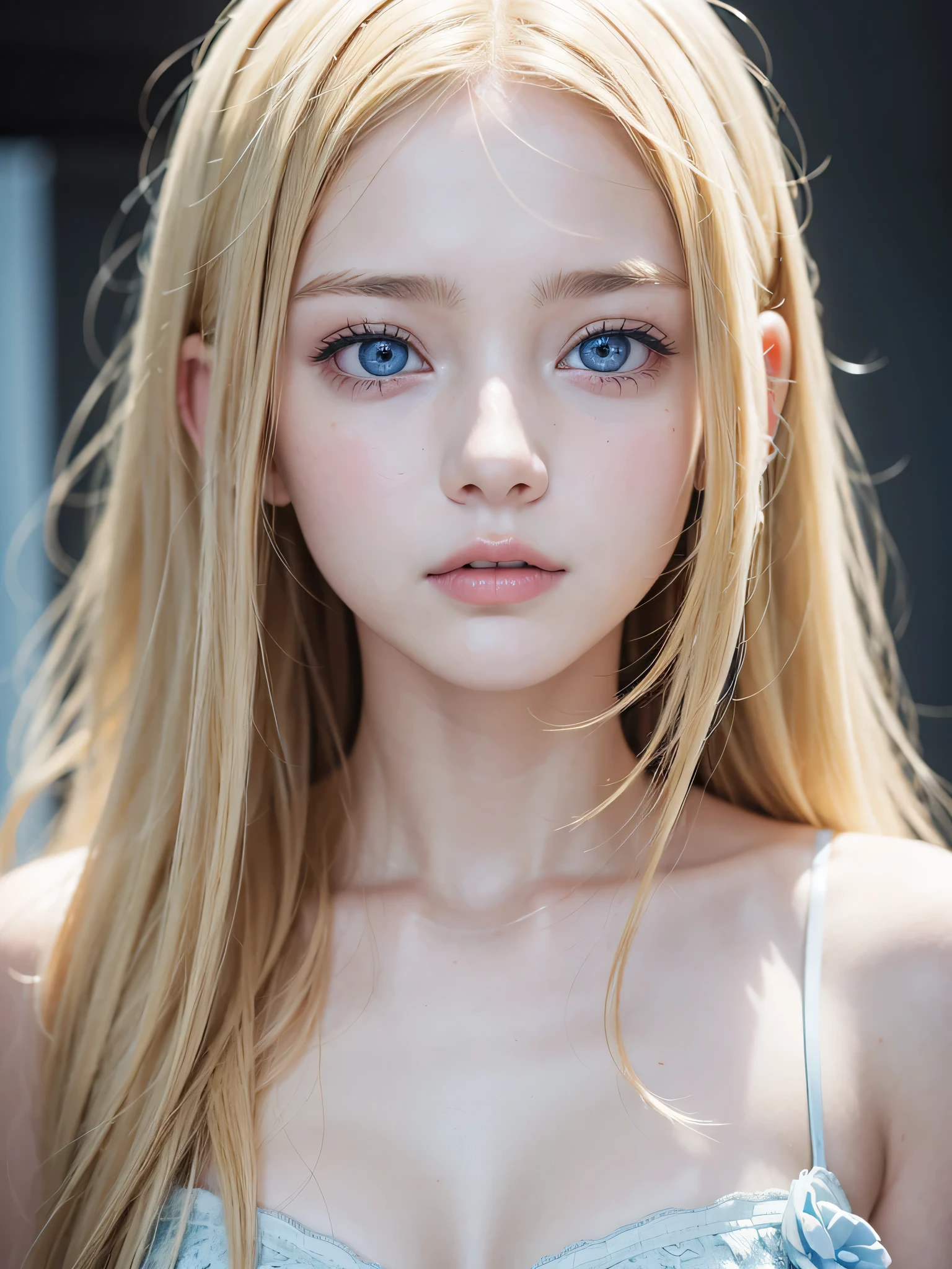 She has the most beautiful, golden, straight blonde hair in the world.、Analog style portrait of a very cute and very beautiful young woman、The bangs between the eyes hang down to the bottom of the nose、beautiful big pale blue eyes、Glowing White Skin、Portraiture、Staring straight ahead、、(Body facing forward)、Face close-up、Big eyes、Beautiful nose、Fuller lips、Thin eyebrows、Tight eyes、