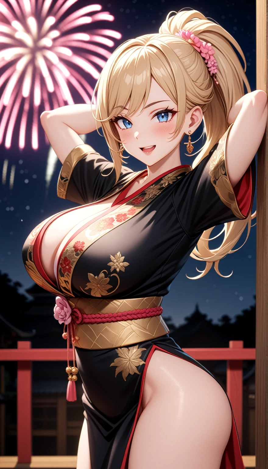 ((one personの女性)), Beautiful Face,Embarrassed and kind expression,Laugh embarrassedly,((Wink:1.8)),laugh with a big mouth,turn bright red,Glossy pink lips,night,Shrine festival sexpensives,firework, ((Anime style background)),masterpiece, highest quality, so beautiful, Latest, Complex details, (Pink long nails),AI-generated, Complex,High resolution, highest quality, super high quality,3D Images、View your viewers、3D Images,one person,Long Blonde Hair,High Ponytail,blue eyes,Anime woman posing for a photo, [[Fine grain、Colorful eyes、Shining Eyes:1.15]],(Squint your eyes:1.1),a hyperRealistic , hyperRealistic , Realistic,Blonde anime woman with long hair, Smooth anime CG art, A woman in a colorful kimono with gold embroidery, (Black kimono),Pink floral pattern,Long flower hair ornament,Big earrings,(Big Breasts:1.2),Mature Body,expensive,Big Ass,Fine details,Tight waist,Abdominal muscles,(Put your hands behind your head),Shooting from the side