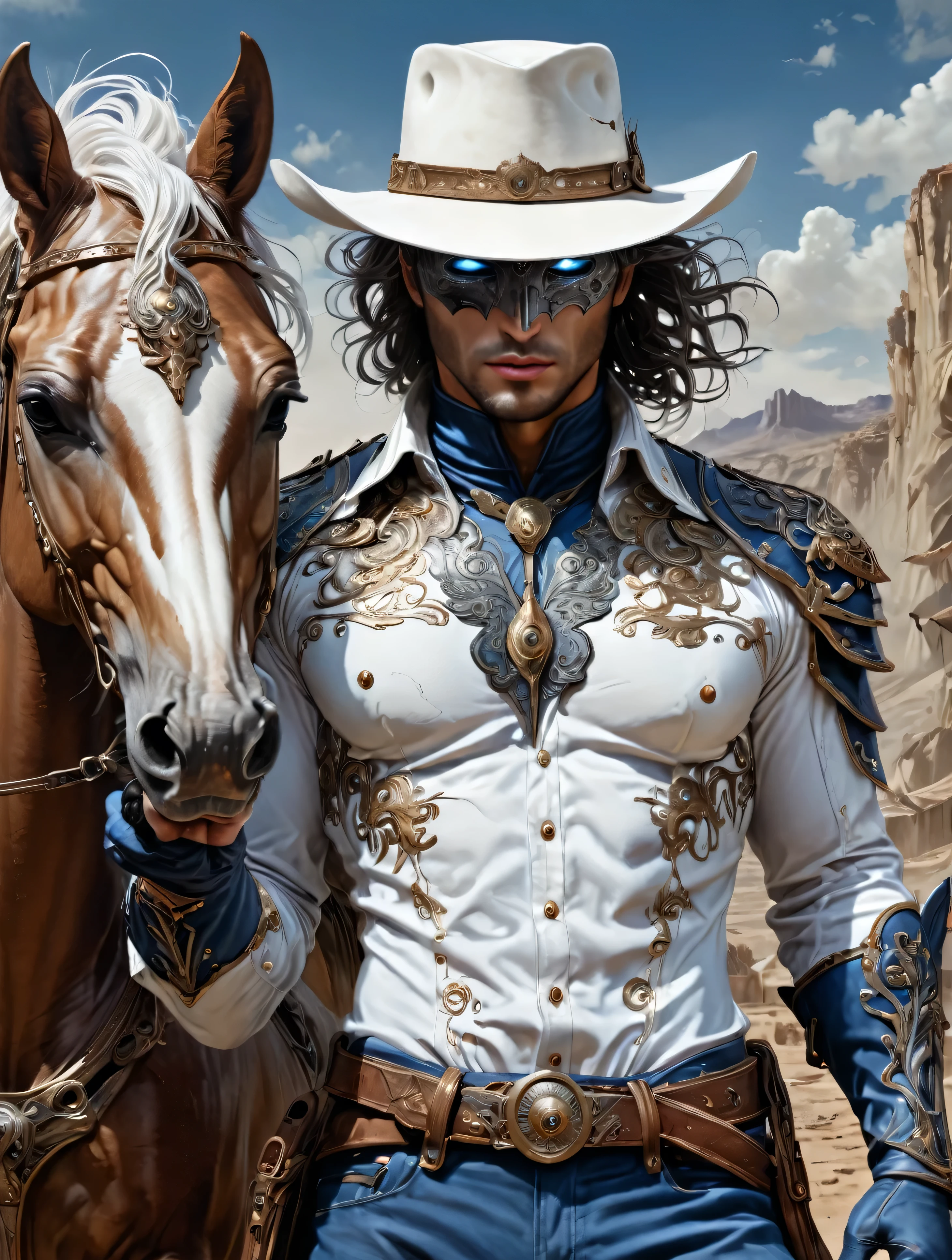 a caucasian Cowboy stuck in the Wild West, with hero mask over eyes, blue shirt, blue pants, white cowboy hat, black gloves, White horse, masterpiece, epic,8k,cinematic,trending on artstation and deviantart,ultra detailed