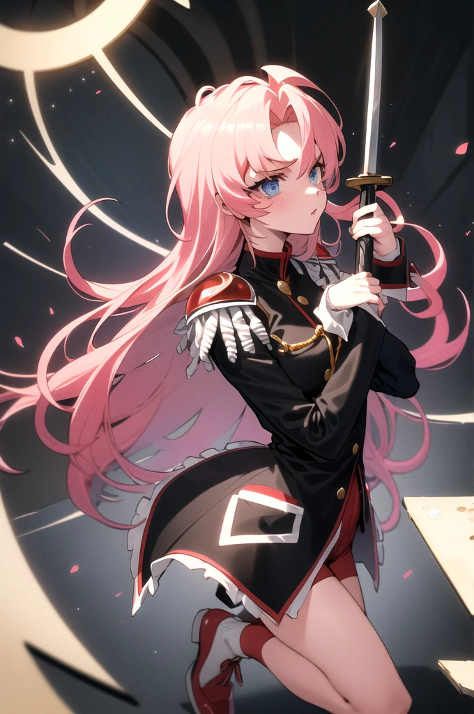 ((Masterpiece)), ((Best quality)), (Highly detailed), (Highly detailed)), 4K, (8K), Very beautiful, Absurd, High resolution, 1 girl, solo, tenjou utena, Epaulettes, Needle, Black jacket, Red shorts, Red socks, White Rose, Severe, Are standing, Have a weapon, Holding a sword, church, superb lighting, dramatic scenes, climax production, tense, elegant, solemn,
