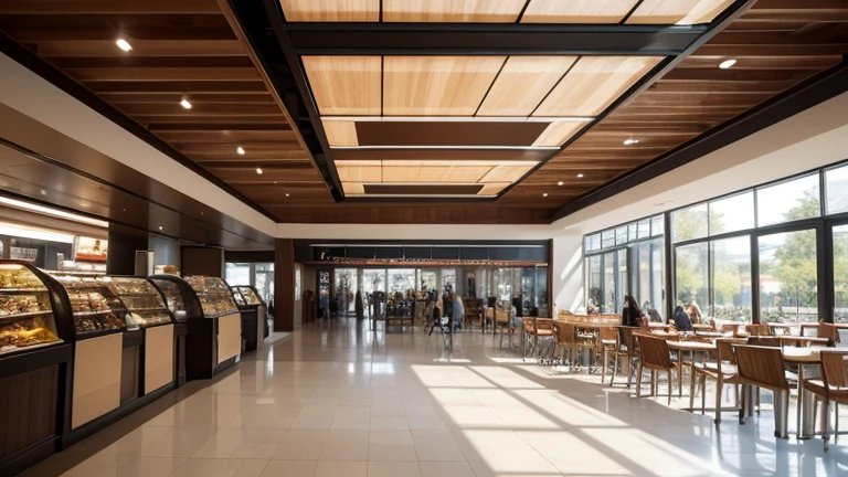 University cafeteria open ceiling, Ceiling, Wooden ceiling interior architecture landscape, precise Architectural renderings, Modern look, Highly detailed rendering, High detail rendering, CG Rendering, Detailed rendering, Architectural renderings, Highly photographic rendering of food court, Food court in a mall