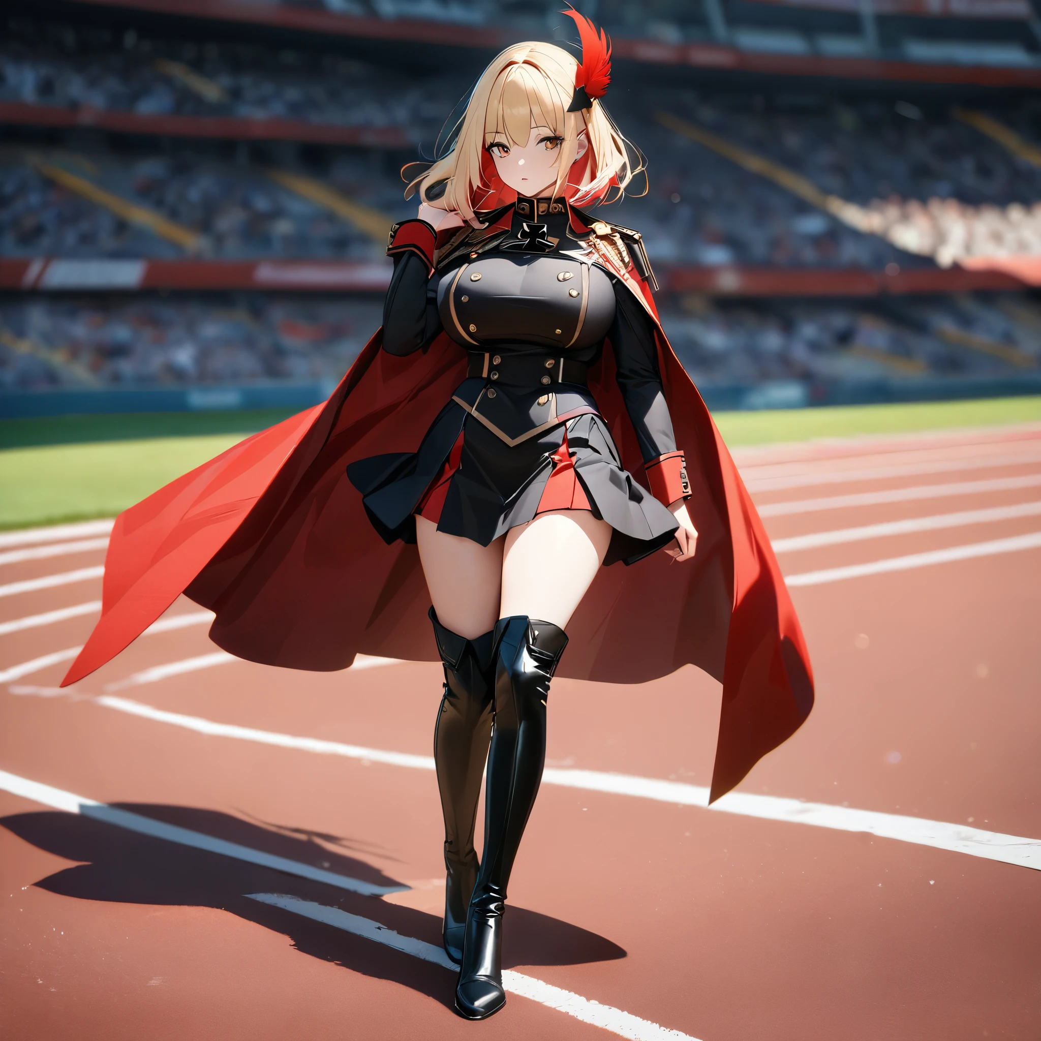 A woman wearing a black martial band uniform with red details, iron cross symbol on the uniform, short black skirt, black metal boots, black martial band hat with a large red feather, wearing a red cape, big breasts, short blonde hair, red bangs, multicolored hair, brown eyes, walking on the traditional German track with martial band marching, full body.shadow, flower, UHD, masterpiece, accurate, anatomically correct, textured skin, super detail, high quality, best quality, 8k, high resolution, bokeh effect.(woman solo)
