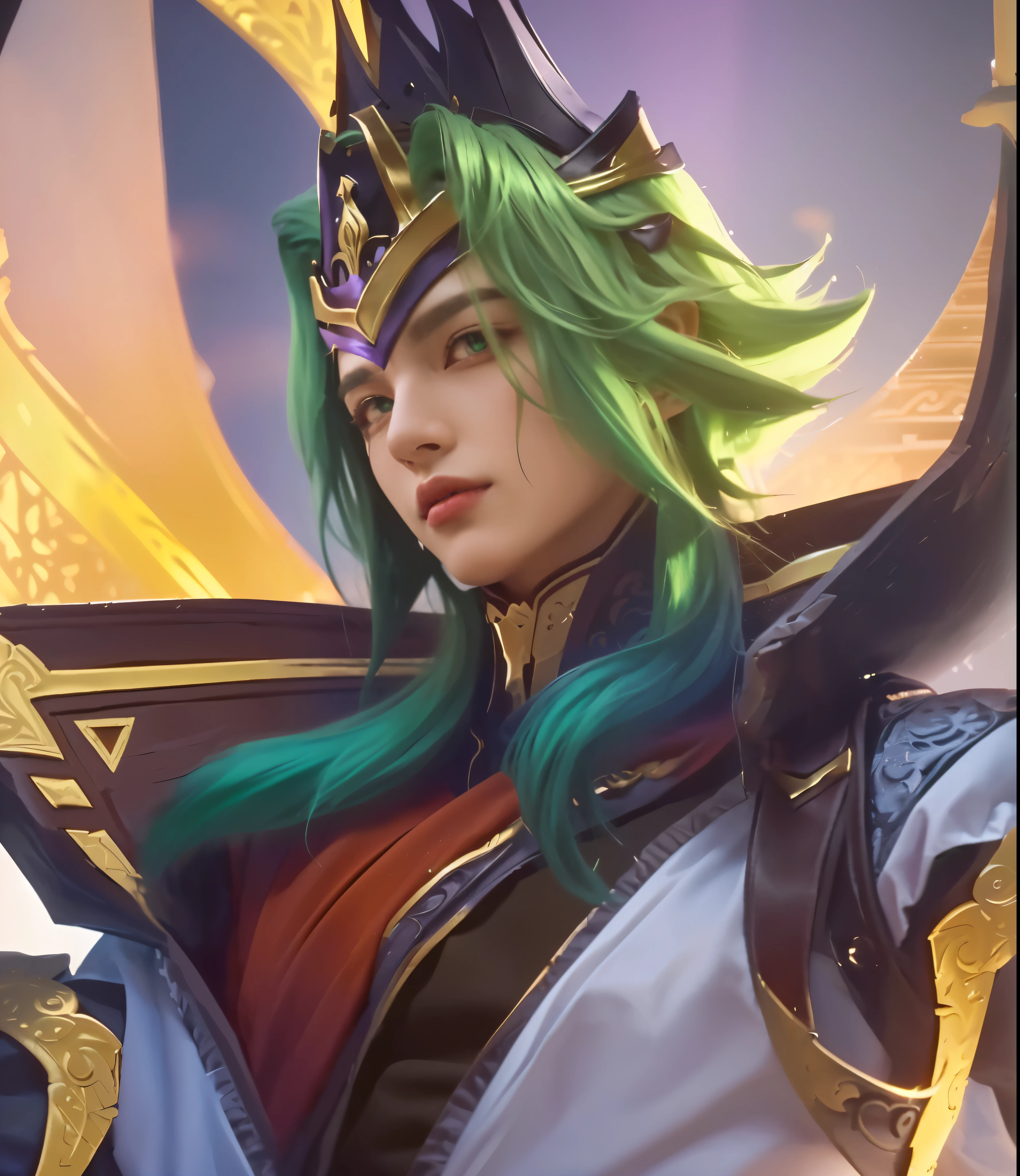 1boy with green hair and a crown on his head, handsome, male, manly, charismatic, detailed green hair, intricate crown, ornate fantasy outfit, dramatic lighting, vibrant colors, cinematic scene, highly detailed, 8k, photorealistic, masterpiece