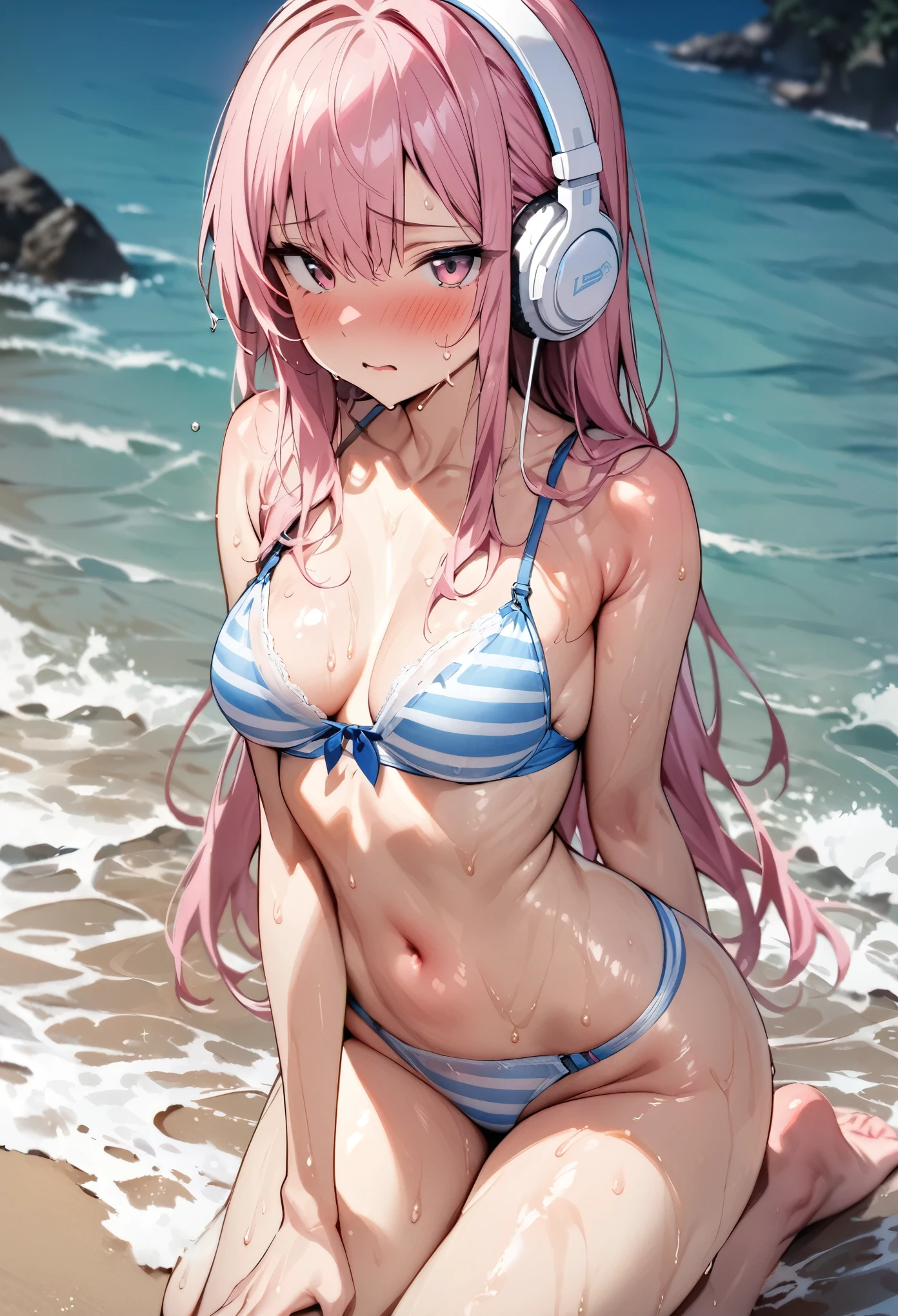 ((masterpiece, highest quality:1.3)),cowboy shot,20 year old beauty,solo,((very small head)),((long body)),pink hair,long hair,pink eyes,bangs,white headphone,medium breasts,slender body,skinny,shiny skin,oily skin,sweat,wet,shy、kneeling,Blue and white striped bikini、bra、panties、navel、beach、Ocean、sunny、