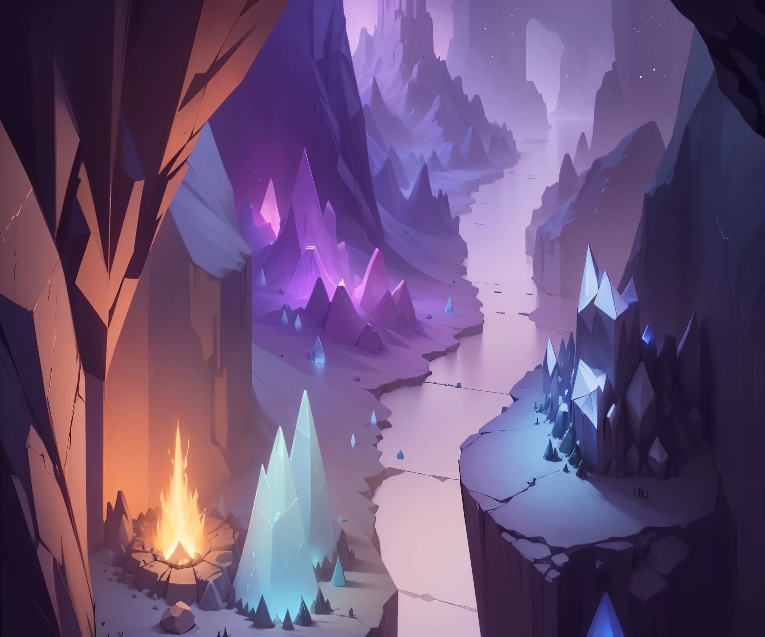 The overall picture is pure，Clean picture，Scene inside the Crystal Cave，Vertical Image，Cartoon，Isometric 2D Game Art， masterpiece， Super detailed good quality