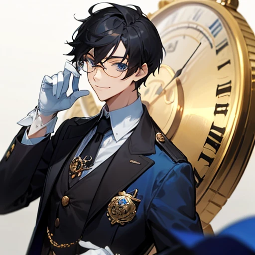 1 Male, solo, Butler, cool, Black Hair, Short Hair, fluffy bangs, Blue Eyes, Glasses, Black tailcoat, White shirt, Blue tie, kind, gentleman, smile, White gloves, (Golden pocket watch)have, White rose brooch