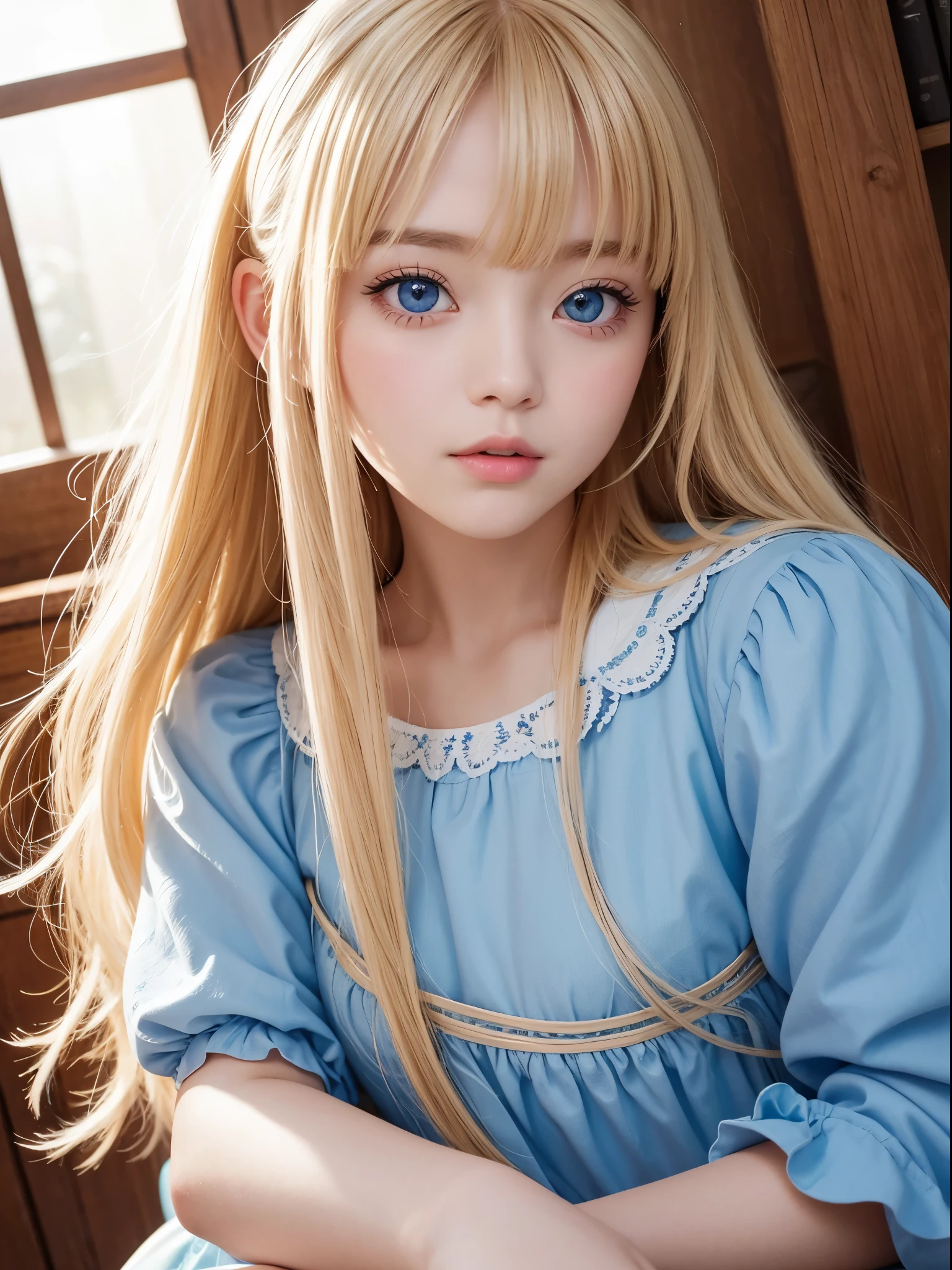 Photorealism、highest quality、超A high resolution、picture、Photo of a beautiful girl of Scandinavian origin、Extraordinarily beautiful girl、A cute and beautiful face down to the last detail、(Purelos Face_v1:0.008)、Beautiful Bangs、Alice in Wonderland、12 years old、Glowing White Skin、Facial hair、Bangs on the face、Bans、Super long hair、Attractive bright natural blonde super long straight silky highlighter hair、Beautiful bright transparent light blue big eyes that are charming and shining、White apron、Blue Dress、eyeliner、double eyelid、(Portraiture)、Body facing straight ahead、Face close-up、Keep your head upright、