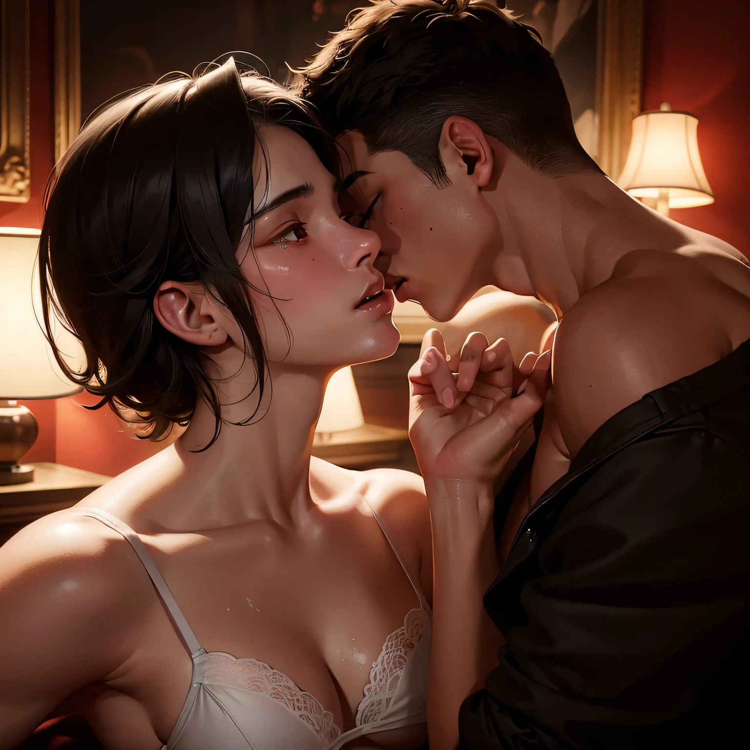 Amazing portrait of a shirtless boy passionately kissing a sexy woman wearing an unbuttoned sheer white shirt that shows the sexy red lingerie underneath in an intense scene that takes place in a dark room with one lamp giving off some warm lighting and they're sweaty and lustful and erotic as they're passionately making out intimately