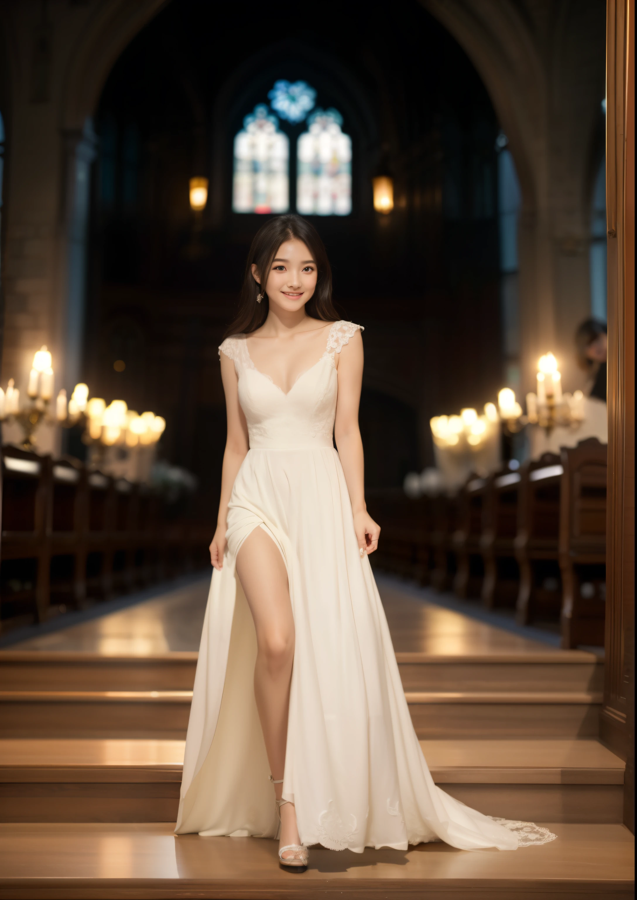 Beautiful 25 year old skinny woman。She is wearing a summer wedding dress. She is walking and her legs crossed and one leg is visible. She is shying and smiling in the church. She is illuminated by sunset. the evening church lights is on . her black hair. High resolution、masterpiece、highest quality、頭w:1.0、((Hasselblad Photos))、fine skin、(movie lighting)、clavicle . Her full body picture.