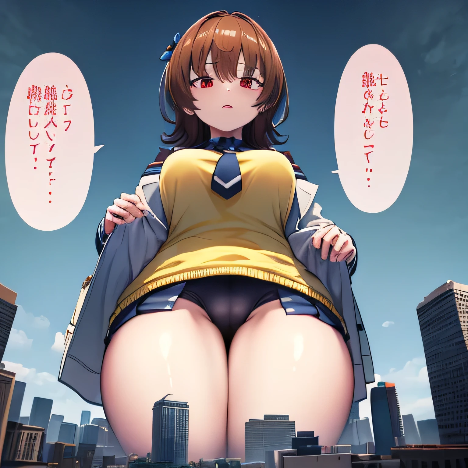 giantess, highly detailed giantess shot, Chest exposed, Breast milk, milking, Giant high school girl bigger than a skyscraper, huge tit, very small metropolis, tiny city, micro city, Labcoat and yellow sweater, Navy blue tie, Red Eyes, Adult women, Long legs, AgnesTachyon_umamusume