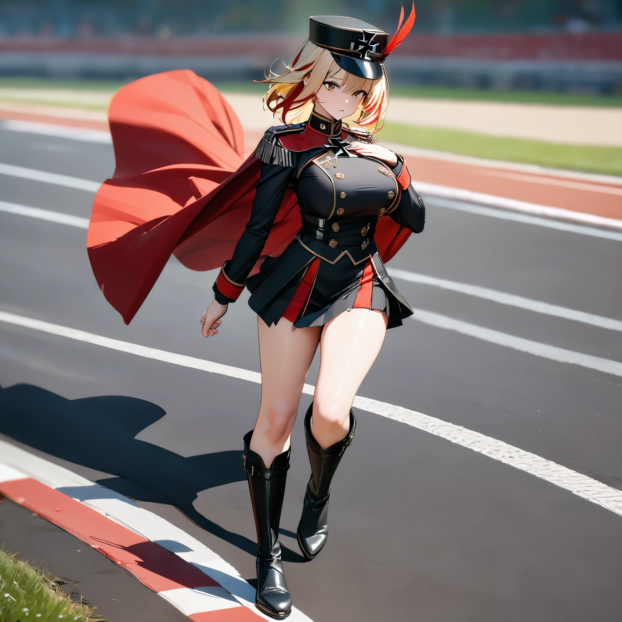 A woman wearing a black martial band uniform with red details, iron cross symbol on the uniform, short black skirt, black metal boots, black martial band hat with a large red feather, wearing a red cape, big breasts, short blonde hair, red bangs, multicolored hair, brown eyes, walking on the traditional German track with martial band marching, full body.shadow, flower, UHD, masterpiece, accurate, anatomically correct, textured skin, super detail, high quality, best quality, 8k, high resolution, bokeh effect.(woman solo)
