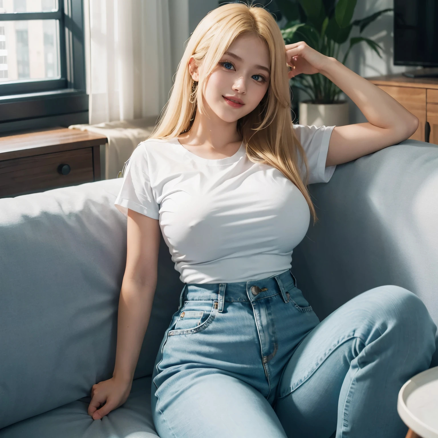 1girl, (Blue Eyes), (smiling :1.2), (Sana Minatozaki), (wide hips :1.2), Big tits, (big ass), (thin waist: 1.2), (thick and toned thighs :1.1), (Best Quality, 8k, Masterpiece: 1.3), Clear Focus: 1.2, Perfect Body Beauty: 1.4, strong abs, Highly detailed face and skin texture, detailed eyes, double eyelids, (shiny skin), (blonde long straight hair), (white t-shirt), (high waist jeans), lies on a couch, full body, in the living room
