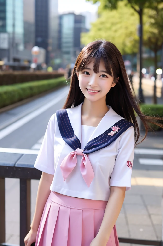 Image resolution 8K、masterpiece:1.3)、Beauty、1 female、(魅力的なbody:1.2)、abdomen:1.1、Dark Brown Hair:1.1、(body:1.2)、Ultra-detailed face、Attractive lips、double eyelid、Ultra-realistic and detailed Japanese school girl in a white short-sleeved zippered sailor suit and pink skirt、Japanese women、10th Generation(17 years old)、The Tokyo Shibuya Station area in the background、Chest size: 82cm、nice smile、Beautiful breasts、color々Hair style、Hair fluttering in the wind