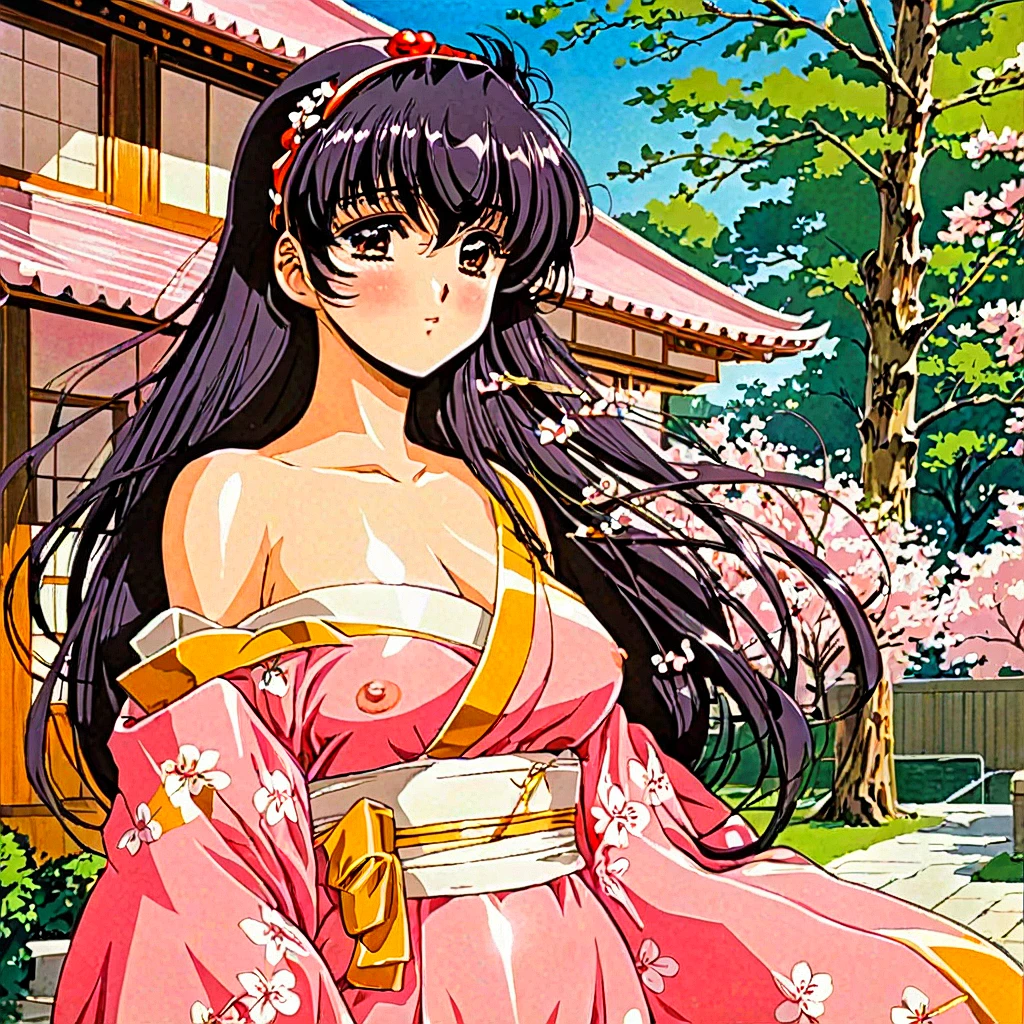 8K　Historical drama style　Beautiful slender Japanese child princess with long black hair　Gorgeous embroidery, Ultra glossy, She is wearing a shiny Heian period princess kimono.　She exposes her nipples and squeezes out breast milk on the futon