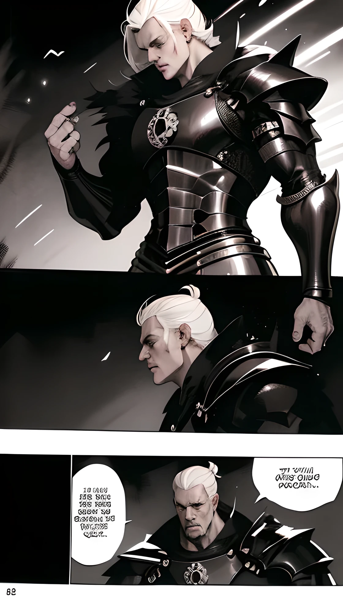 alto detalhe, Obra de arte, dramatic lighting(absurdos, high resolution, ultra detalhado), unidade CG extremamente detalhada 8k. rosto maduro, adulto homem, homem, mature homem, muscular, alto, Cabelo longo preto escuro, queixo afiado, olhos afiados, muscle building, brincos longos, mature homem, piercings, roupas pretas formais, sangue, adult Magnus is a knight in golden armor with his Celestial knights
