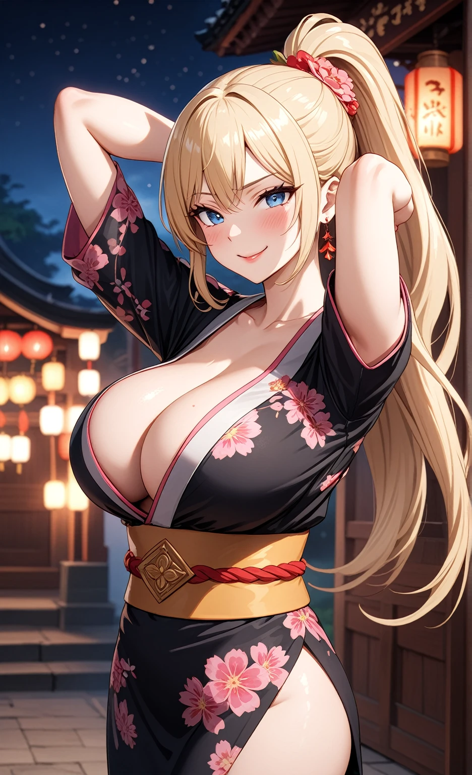 ((one personの女性)), Beautiful Face,Embarrassed and kind expression,恥ずかしくsmile,((Wink:1.8)),smile,turn bright red,Glossy pink lips,night,Shrine festival sexpensives,firework, ((Anime style background)),masterpiece, highest quality, so beautiful, Latest, Complex details, (Pink long nails),AI-generated, Complex,High resolution, highest quality, super high quality,3D Images、View your viewers、3D Images,one person,Long Blonde Hair,High Ponytail,blue eyes,Anime woman posing for a photo, [[Fine grain、Colorful eyes、Shining Eyes:1.15]],(Squint your eyes:1.1),a hyperRealistic , hyperRealistic , Realistic,Blonde anime woman with long hair, Smooth anime CG art, A woman in a colorful kimono with gold embroidery, (Black kimono),Pink floral pattern,Long flower hair ornament,Big earrings,(Big Breasts:1.2),Mature Body,expensive,Big Ass,Fine details,Tight waist,Abdominal muscles,(Put your hands behind your head),Shooting from the side